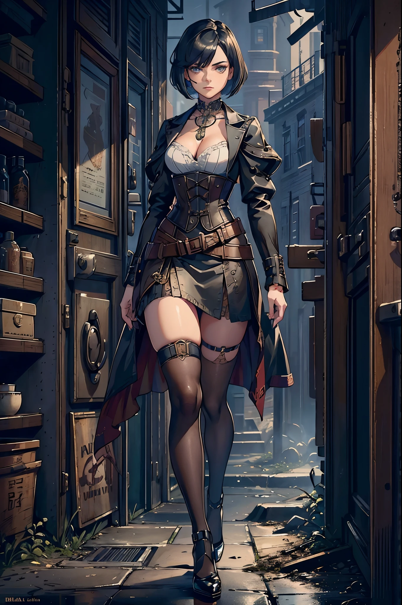 Visualize a character inspired by young and sexy Black Widow, reimagined in a richly detailed Victorian-steampunk world. This version of the character eschews her traditional outfit for a blend of Victorian elegance and steampunk functionality. She dons a sophisticated ensemble featuring a high-necked, tailored jacket adorned with brass buttons and gear motifs, and a corset that showcases Victorian fashion while incorporating steampunk elements like visible cogs and tubes. Her skirt is both stylish and practical, equipped with secret pockets for spy gadgets. Accessories complete her look: a pair of leather aviator goggles pushed up onto her forehead, intricate lace gloves, and a utility belt loaded with steampunk-inspired devices and a discreet, yet powerful, steam-powered sidearm. Her hair is elegantly styled in a period-appropriate updo, with a few deliberately loose strands that add a touch of mystery. The backdrop is an imaginative Victorian-steampunk city, alive with the hustle and bustle of the era: airships dot the sky above, steam-powered vehicles navigate the cobblestone streets, and the architecture is a fantastical blend of historical and industrial revolution influences. This setting not only highlights her as a figure of beauty and elegance but also as a formidable and cunning presence, ready to undertake her next covert mission in a world where advanced technology and Victorian aesthetics collide jewerly,necklace,earings,8k,hdr,( bob haircut:1.5), Skin Details, perfect fit body,smoky makeup, highly detailed, mole on cheek, blue eyes, visible legs,visible shoes ( :0.7)