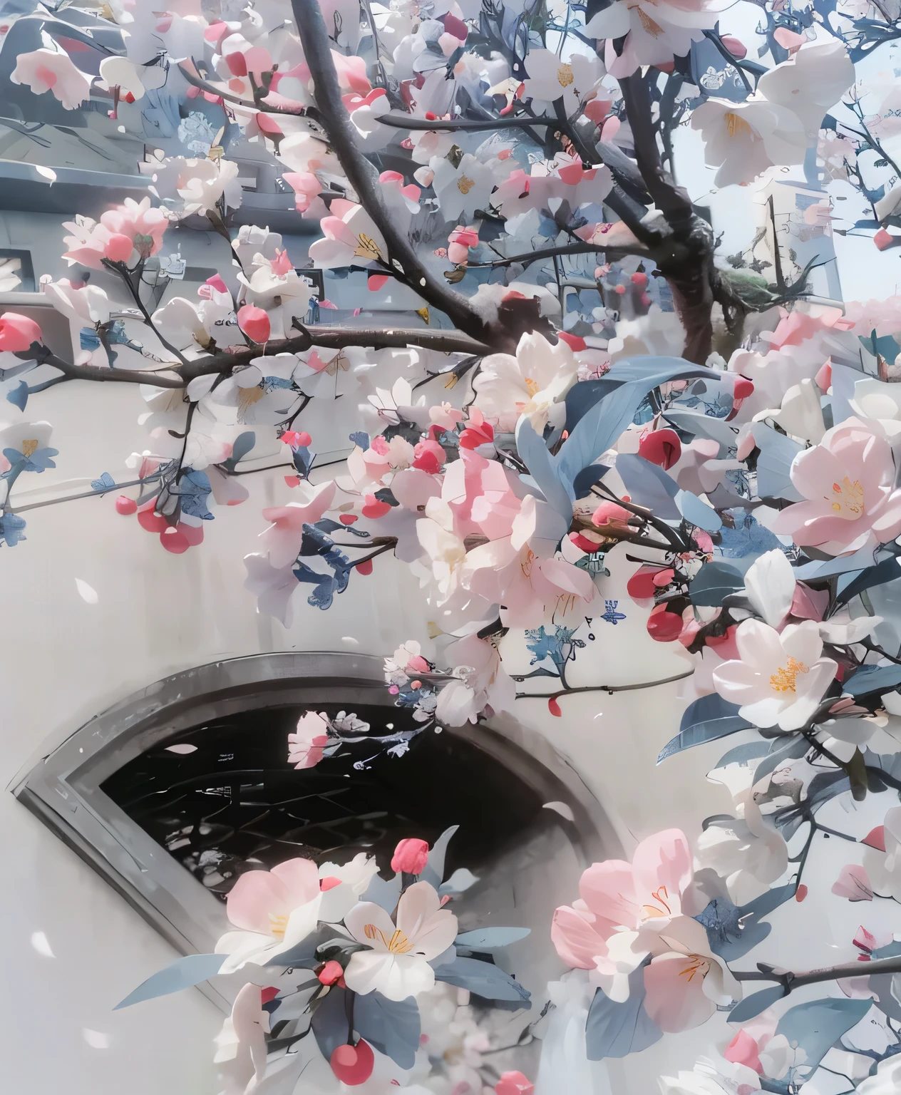 There is a tree in front of the building，Blooming pink and white flowers, Beautiful and beautiful, beautiful aesthetic, Nature and floral aesthetics, flowering, Detailed trees blooming, blooming flowers, beautiful aesthetic art, Dream aesthetics, Surreal Flower of Wisdom, flowering, falling cherry flowering pedals, flowers bloom, season!! : 🌸 ☀ 🍂 ❄, this is beautiful, cherry blossom season