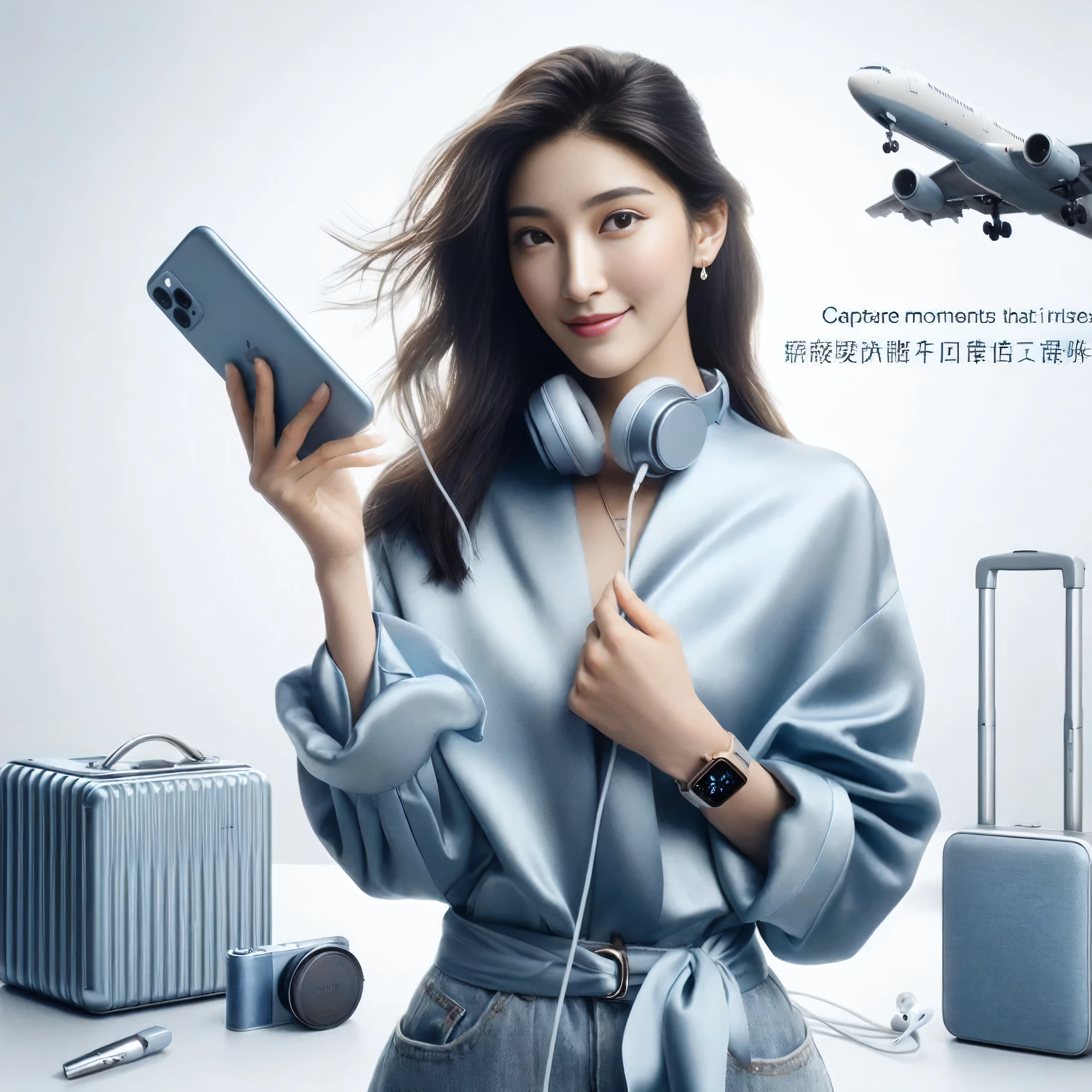 arafed woman holding a tablet computer and headphones with a suitcase and airplane in the background, cai xukun, inspired by Ma Yuanyu, li zixin, inspired by Huang Ji, bae suzy, advertising photo, inspired by Chen Lu, portrait shot, mu pan, inspired by Cheng Jiasui, inspired by Chen Daofu, promotional render. UHD, Award Winning Print Advertisement image of a documentary photo of a very stylish beautiful Chinese model with a soft smile expression, wearing a very stylish blue modern casual outfit, using a smartphone, iPad, iPhone15 Pro, apple watch, headphones, walking at the airport, an airplane boarding on background, Capture moments that confident and the convenience of staying charged on the go with power bank, on white background. Enhance key light & fill light, color correction, octane render, 60k, hyper-realistic, high key, extreme depth of field, lens blur on background, rules of third.