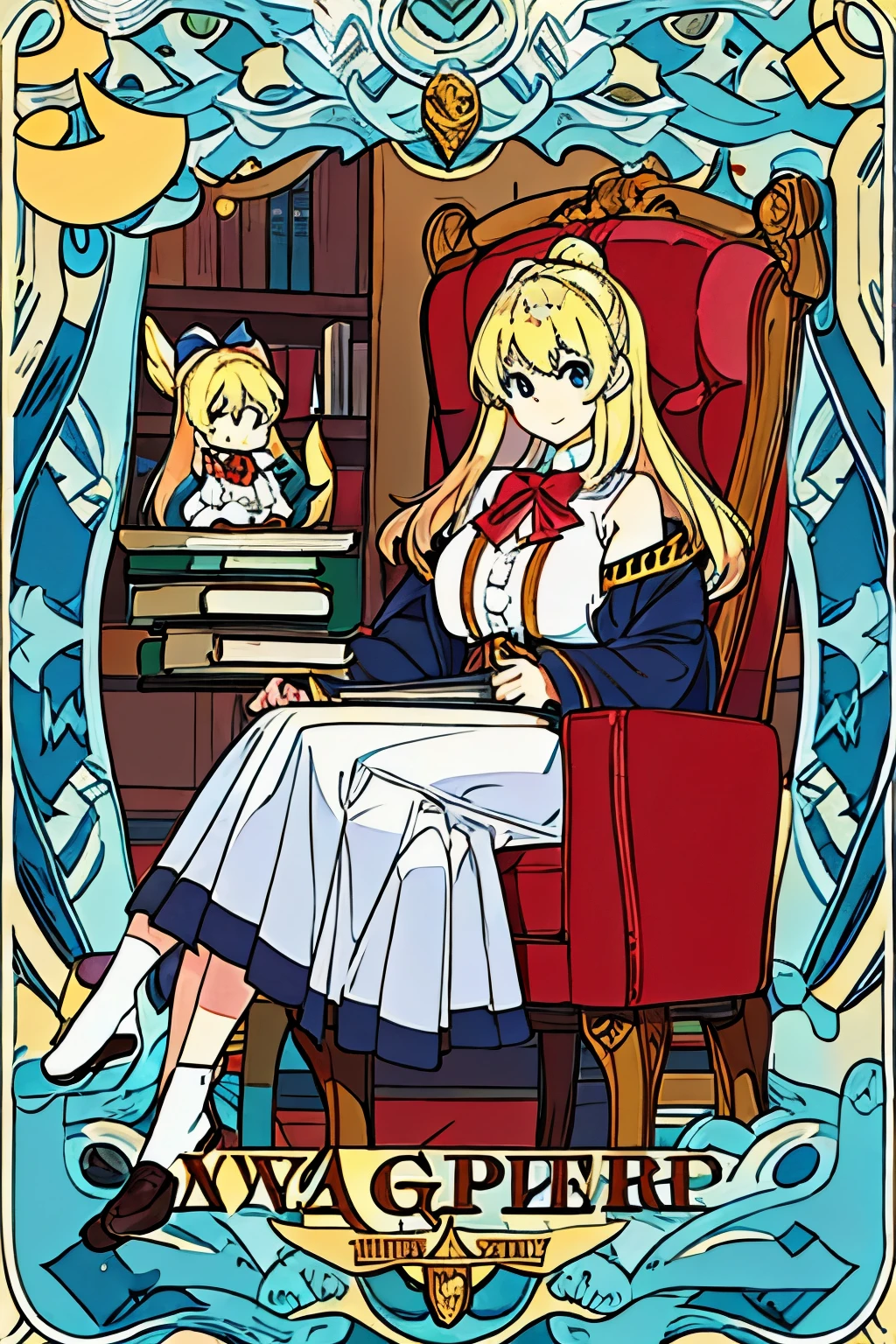 Books stacked in the center of the hallway of a huge library with chairs on top of them、Composition that looks like a manga cover with a blonde Western doll sitting on a chair