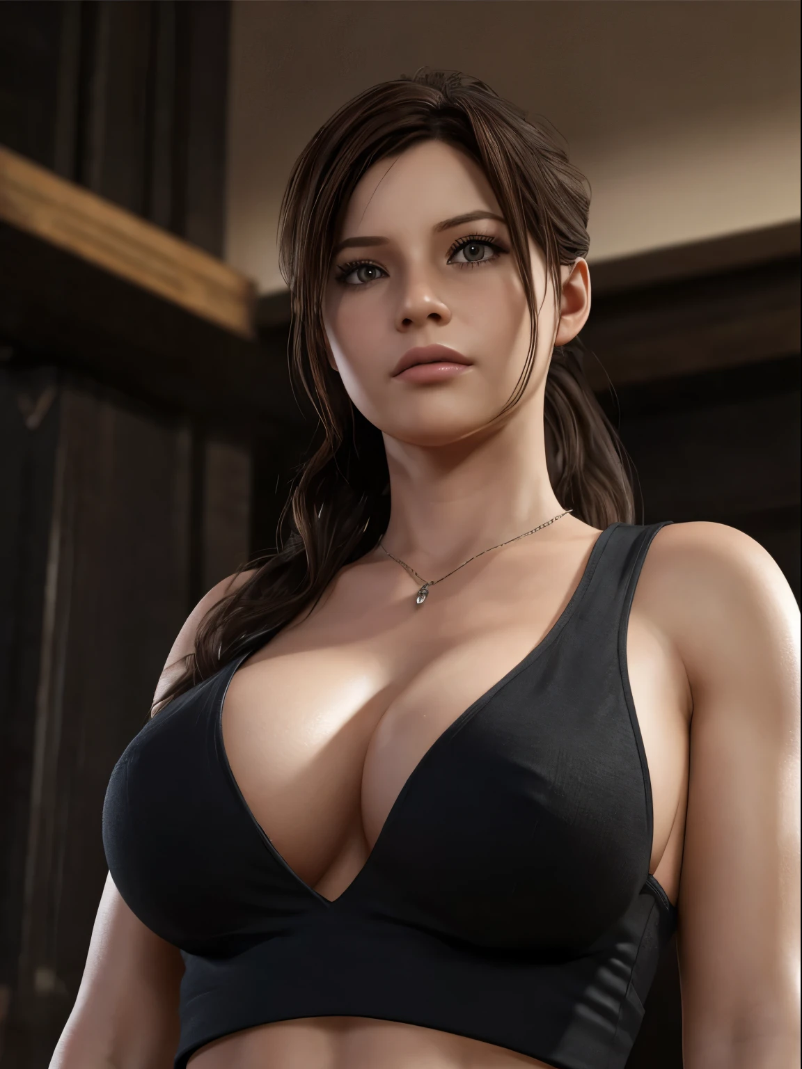 Claire Redfield, {{master part, best quality, CG extremamente detalhado, Unity 8k papel de parede, Cinematic lighting}}, 1girl, Mulher nova, corpo inteiro, dia ensolarado, belos olhos detalhados, (seios grandes, clivagem), Bunda redonda, looking up at the audience, long eyelashes
