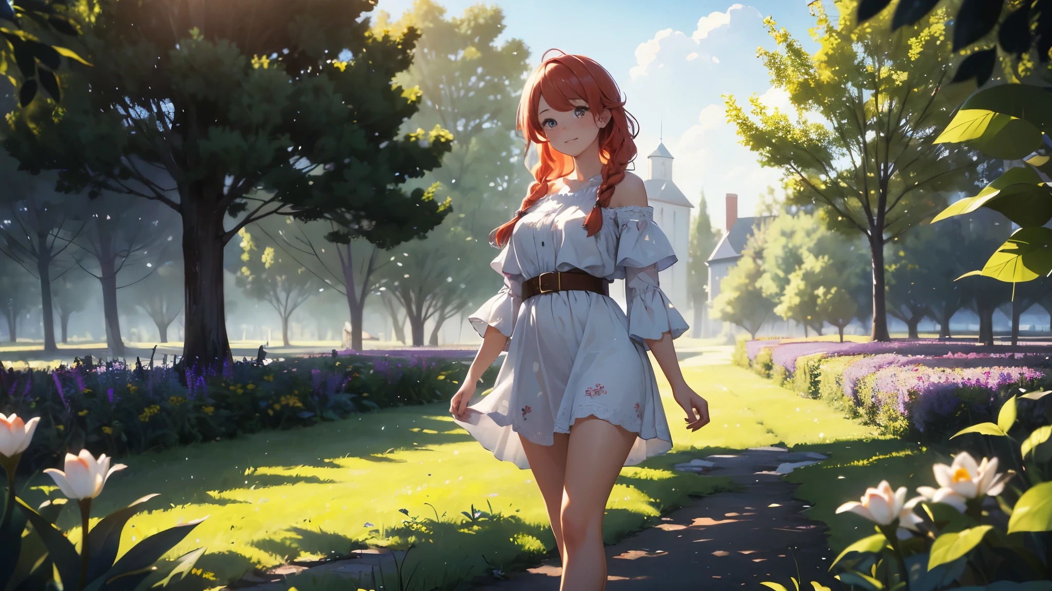 ((masterpiece,best quality,ultra detailed,ultra high res,detailed country yard background)), soft realistic focus, dynamic shadows, realistic image, vibrant colors,light leaks,dreamy atmosphere,chiaroscuro,BREAK
experimental charm, The girl is depicted in full growth, you see the girl from head to toe, nostalgic appeal, country girlfriend, she take you with yourself, simple open short dress, soft mischievous smile, freckles, shiny light red hair, big sister pose, thick braids, hands resting on the hips on the belt and legs widely spaced, slightly leaning forward, flashback of memories