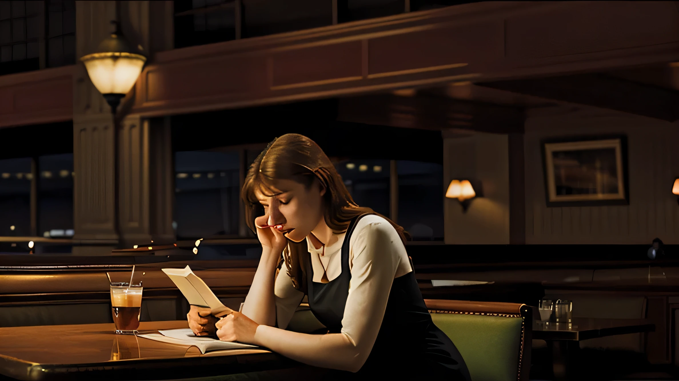 edward hopper style, lonely woman reading a book in a very large restaurant, night time