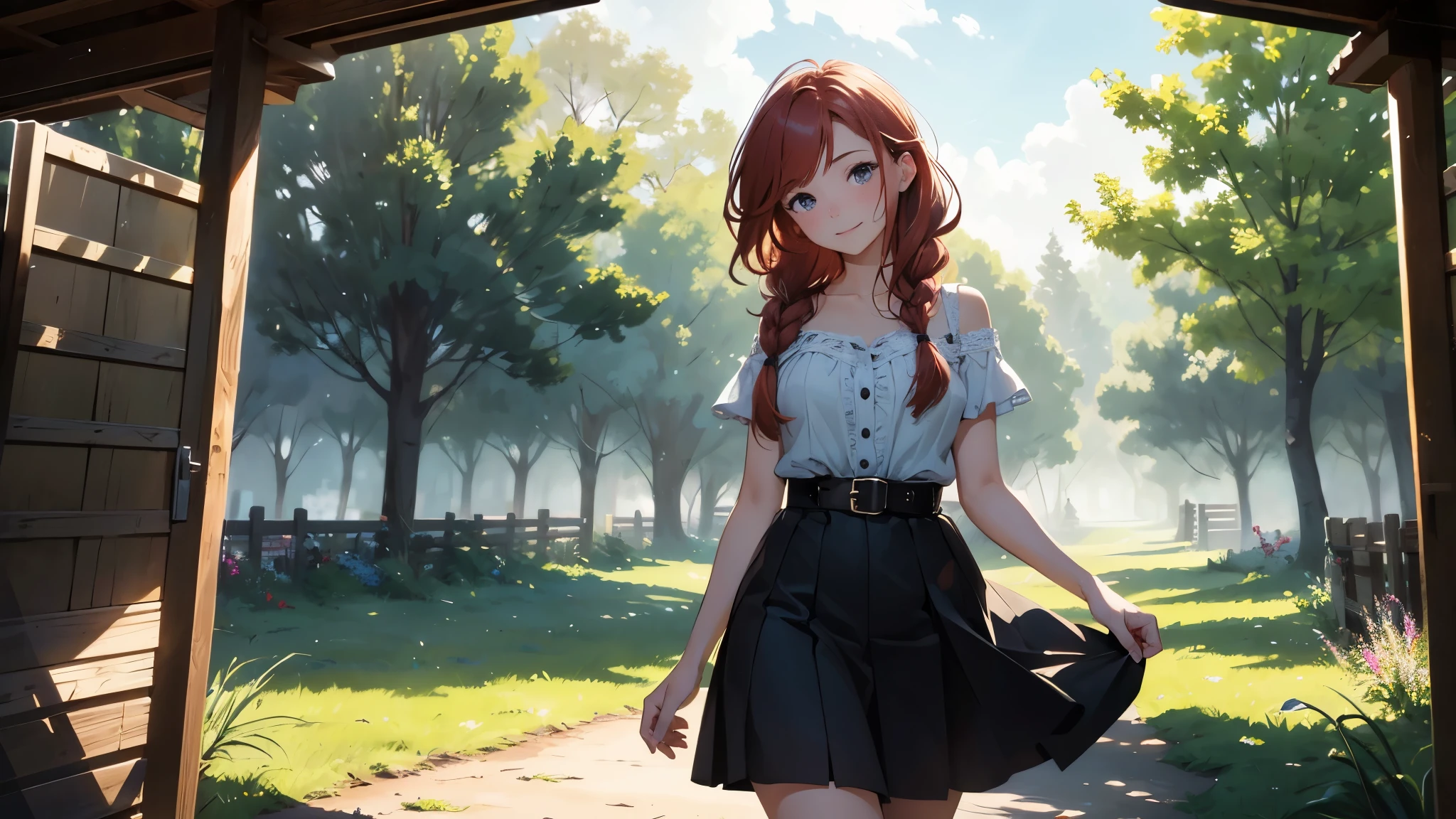 ((masterpiece,best quality,ultra detailed,ultra high res,detailed country yard background)), soft realistic focus, dynamic shadows, realistic image, vibrant colors,light leaks,dreamy atmosphere,chiaroscuro,BREAK
experimental charm, The girl is depicted in full growth, you see the girl from head to toe, nostalgic appeal, country girlfriend, she take you with yourself, simple open short dress, soft mischievous smile, freckles, shiny light red hair, big sister pose, thick braids, hands resting on the hips on the belt and legs widely spaced, slightly leaning forward, flashback of memories