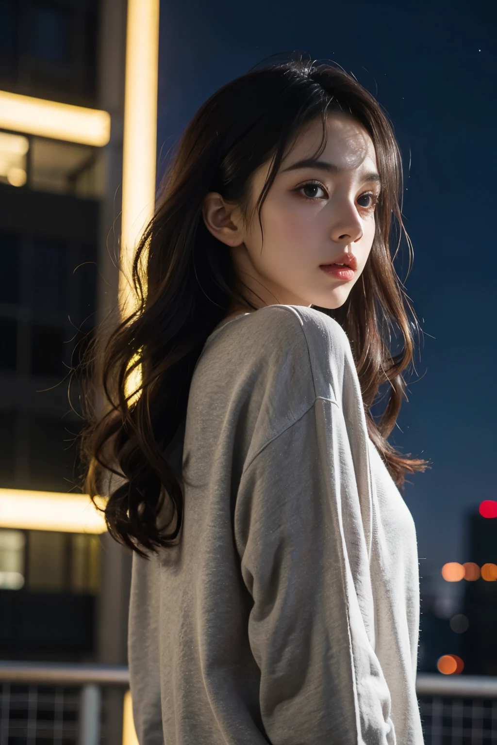 1girl, beautiful, wavy hair, almond eyes, no make up, grey sweatshirt, oversize_shirt, in front of fence, night city, cyberpunk vibes, close up, (from below:1.2), (photorealistic:1.2), (ultra realistic:1.3), (very detailed:1.1), ((masterpiece)),