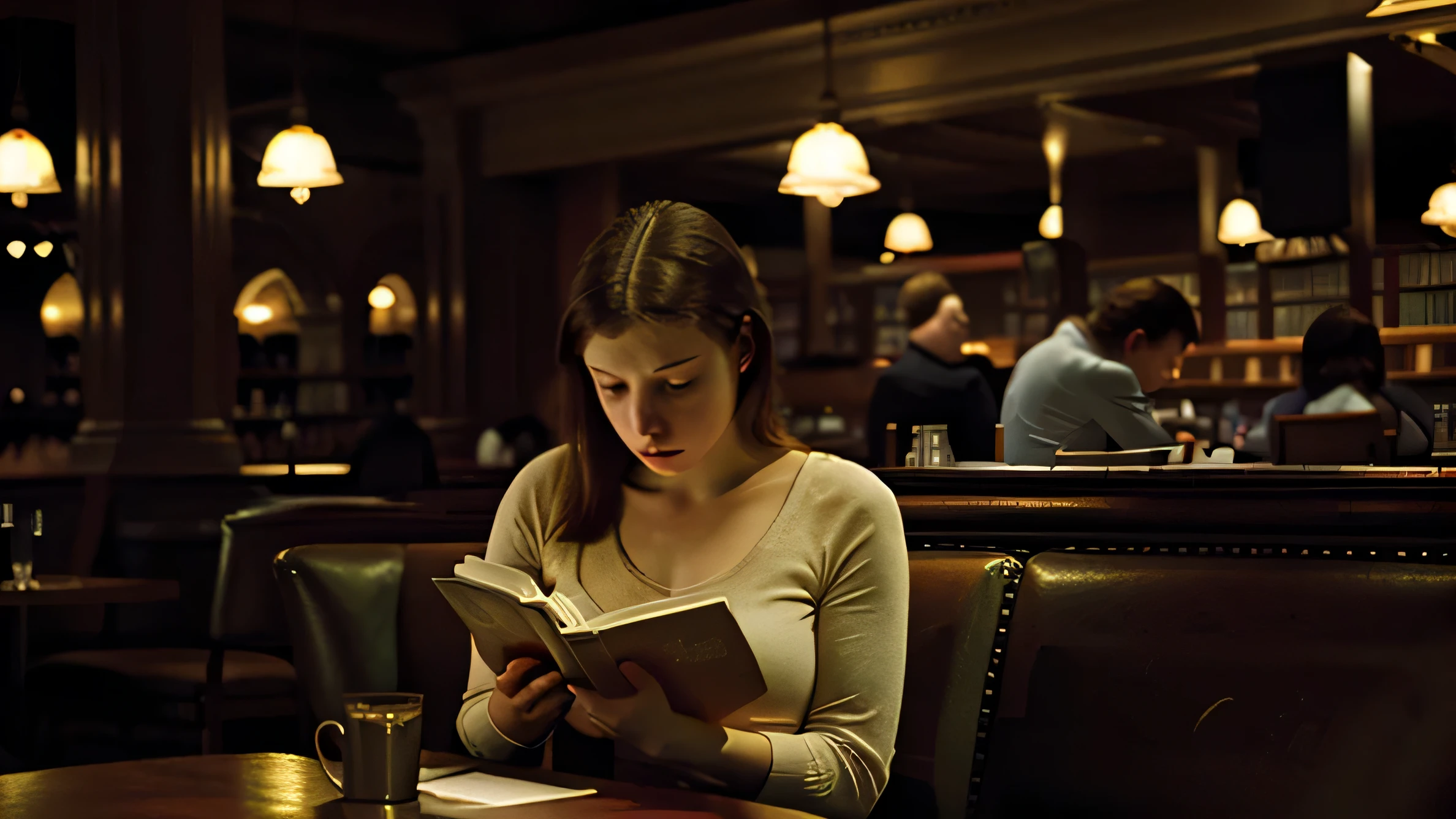 edward hopper style, lonely woman reading a book in a very large restaurant, night time