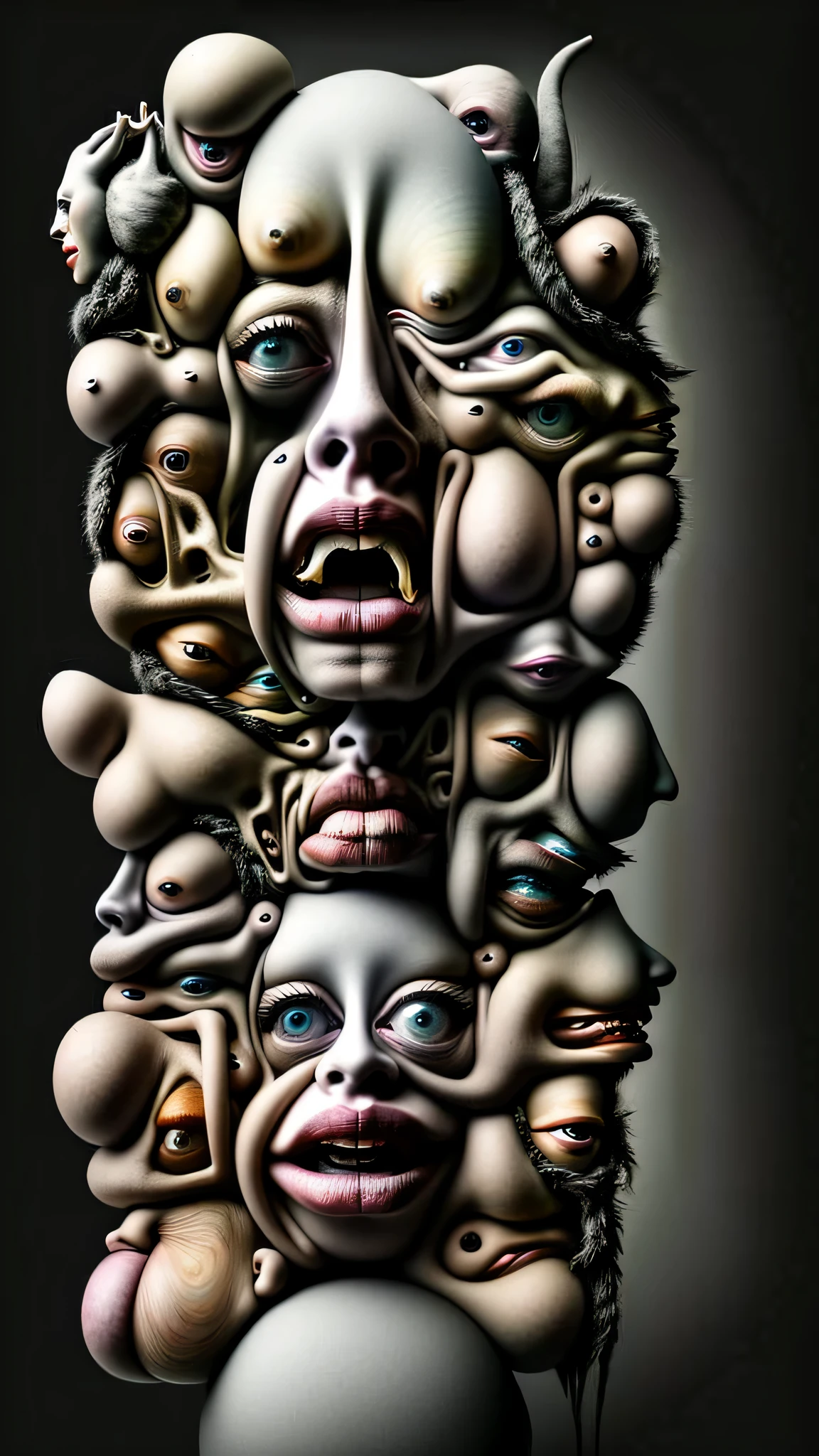 ultra surreal hyper-realistic grotesque collage of suffering abstract bizarre bodies deformed and growing from each other to infinity on a black cloudy background, Da Da style, Super-detailed, Ultra-realistic, Studio Quality, 48k / HD, High Contrast, hyper Realistic Shadows, octane Rendering, Sharp Focus