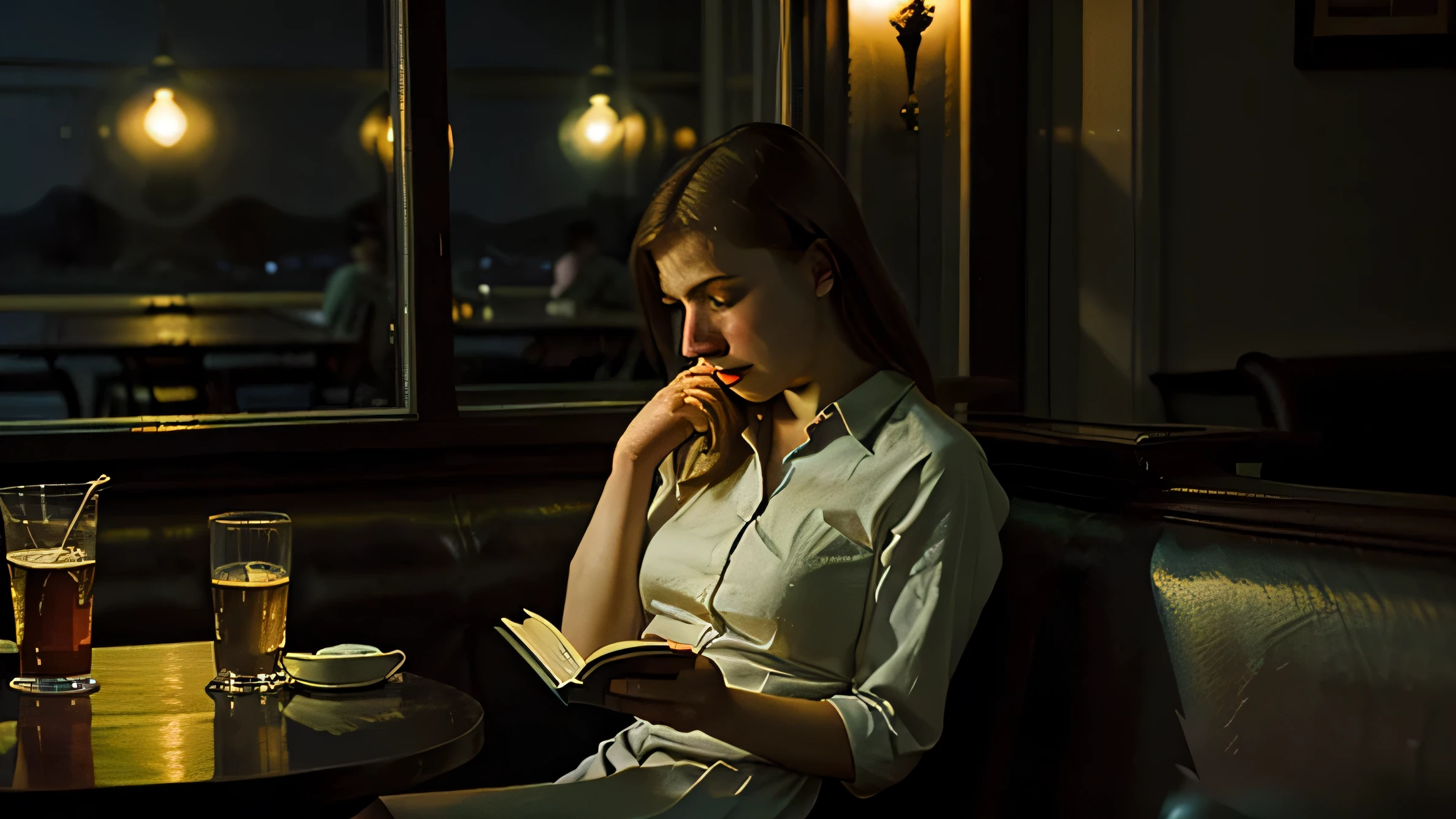 edward hopper style, lonely woman reading a book in a restaurant, night time