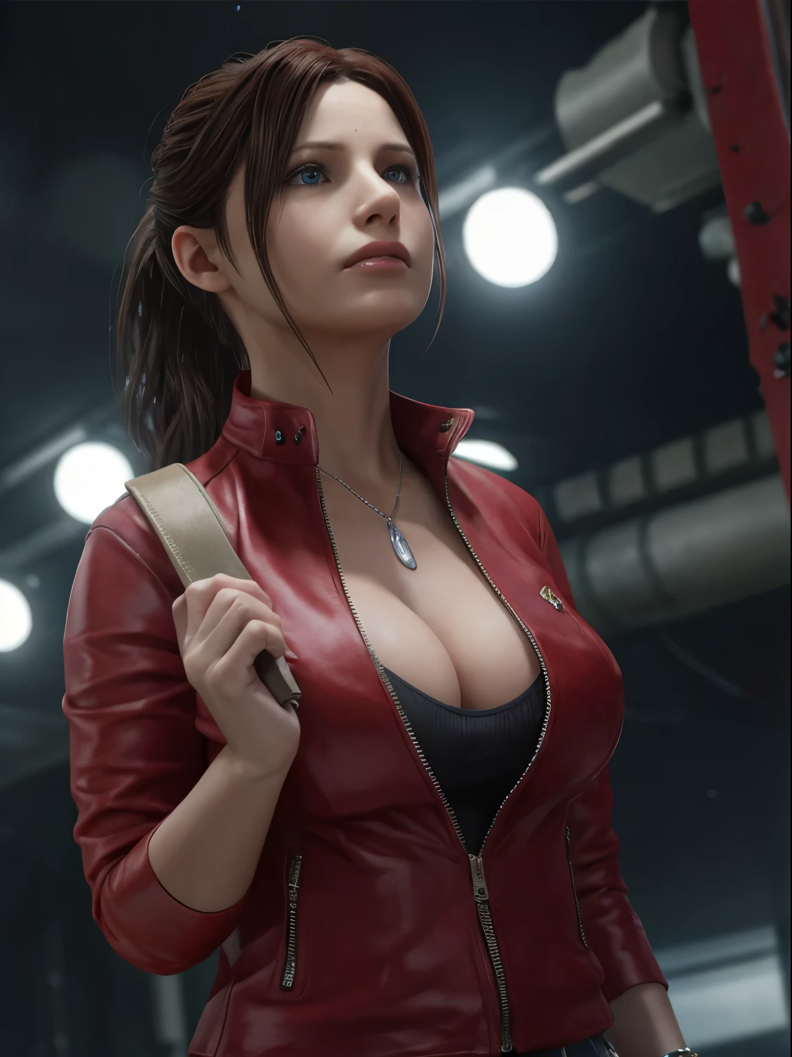 Claire Redfield, {{master part, best quality, CG extremamente detalhado, Unity 8k papel de parede, Cinematic lighting}},  1girl, Mulher nova, corpo inteiro, dia ensolarado, belos olhos detalhados, (seios grandes, clivagem), Bunda redonda, looking up at the audience, long eyelashes