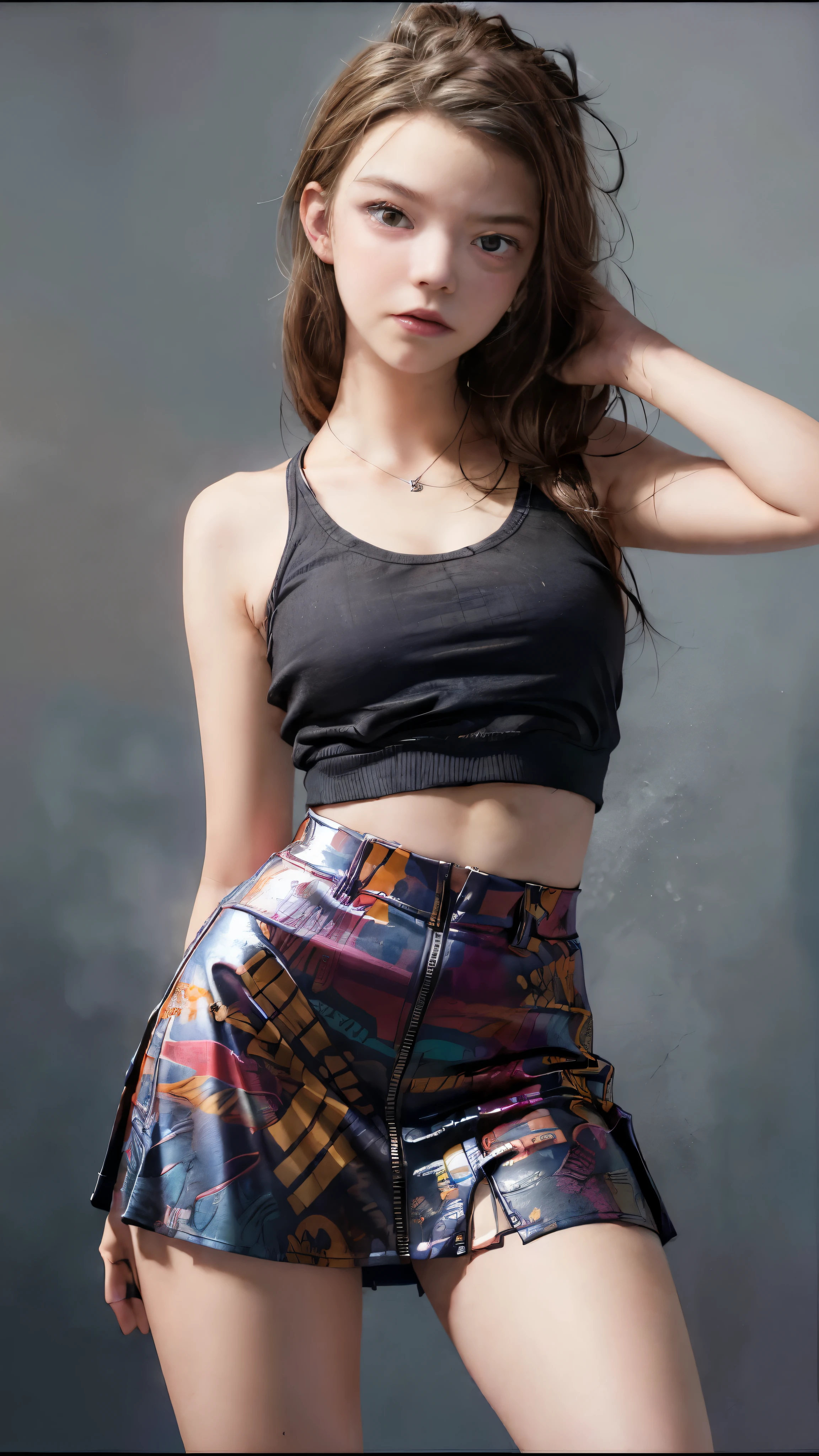 18-year-old, British girl, , portrait ,Tank top((mini skirt))、Thighs Thighs Nose:1.1), , (high color saturation,catch light:1.0), (highly detailed skin), (highest quality:1.0), (ultra high resolution:1.0) ,(realistic:1.0), (Super detailed:1.0), (8k, RAW photo:1.1),( smile:0.8),looking at the viewer,((Anya Taylor Joy))