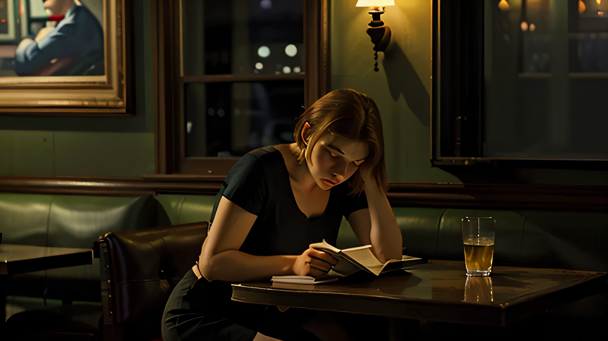 edward hopper style, lonely woman reading a book in a restaurant, night time