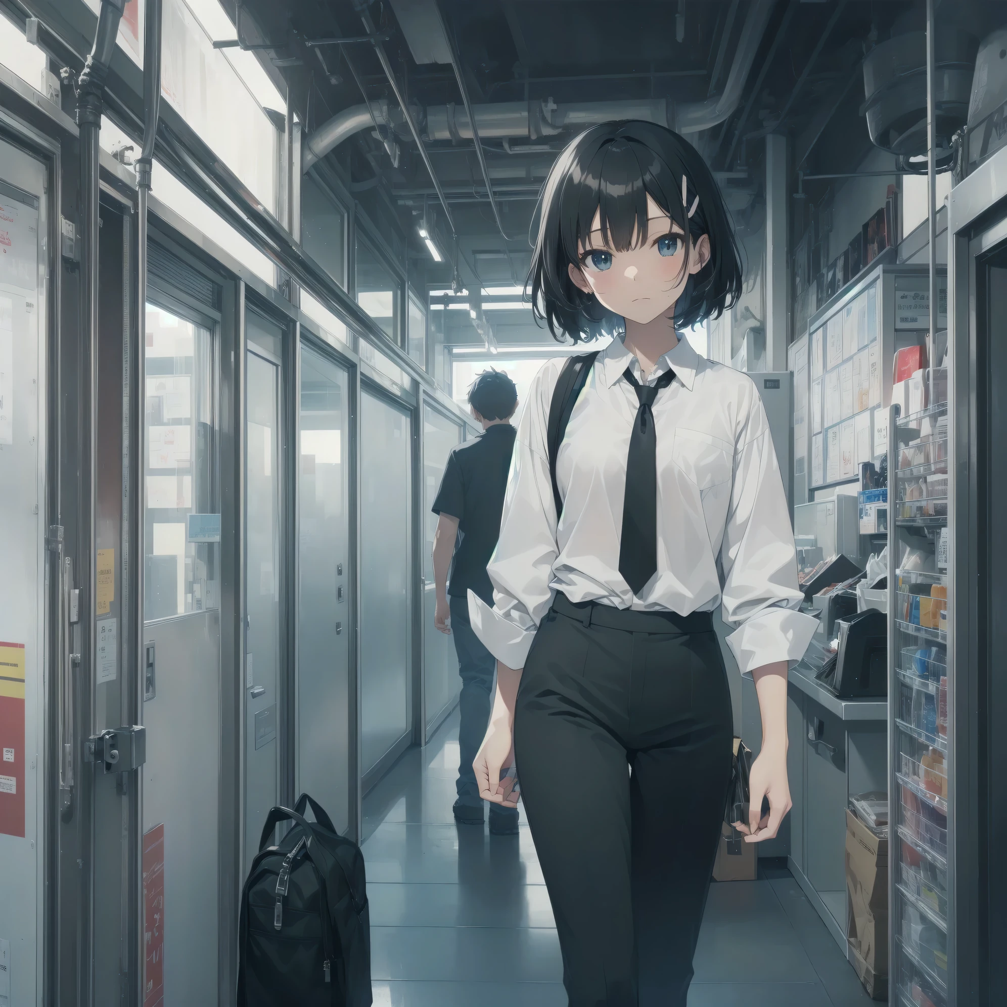 Super absurd quality by the god of art, super detailed, High resolution, anime moe art style, Best Anime 8K Kona-chan Wallpaper, pixiv contest winner, perfect anatomy, break, (眠そうにalone学校へ行く女の子を描いてください. )break,1 girl, (alone,little woman, cute face, :1.3),All limbs, full finger,, The charm of an immature body, (very_short hair), shortcut, Bang, flat chest, small ass, between legs, small black eyes, detailed and beautiful eyes, Well-proportioned iris and pupils, expressive eyes, High resolutionの詳細な髪, neck ribbon, shirt, collared shirt, skirt, pleated skirt, school uniform, (detailed lighting), (detailed background), On the way to school. break,super dense skin, Best cinematic lighting powered by famous artist, 8k,Beauty Illustration,photoshop_(Moderate),Absurd Hi-Res,Hmm,rough skin,break,((artist:Fujiyama)), artist:Fujichoko,artist:Yamamoto_Soichiro,artist:hanekoto