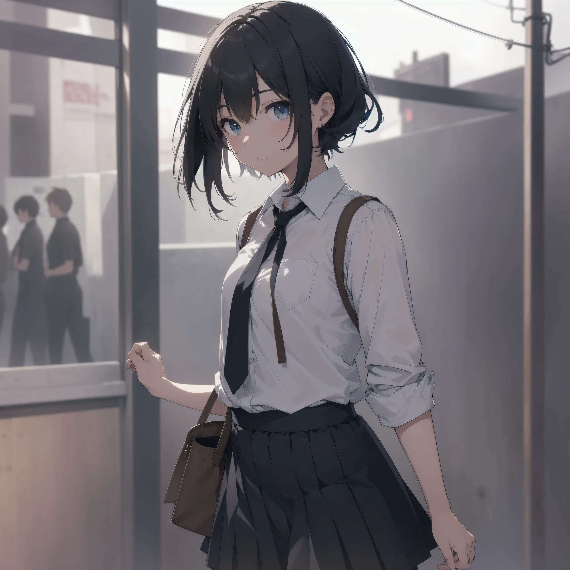 Super absurd quality by the god of art, super detailed, High resolution, anime moe art style, Best Anime 8K Kona-chan Wallpaper, pixiv contest winner, perfect anatomy, break, (眠そうにalone学校へ行く女の子を描いてください. )break,1 girl, (alone,little woman, cute face, 13 years old:1.3),All limbs, full finger,, The charm of an immature body, (very_short hair), shortcut, Bang, flat chest, small ass, between legs, small black eyes, detailed and beautiful eyes, Well-proportioned iris and pupils, expressive eyes, High resolutionの詳細な髪, neck ribbon, shirt, collared shirt, skirt, pleated skirt, school uniform, (detailed lighting), (detailed background), On the way to school. break,super dense skin, Best cinematic lighting powered by famous artist, 8k,Beauty Illustration,photoshop_(Moderate),Absurd Hi-Res,Hmm,rough skin,break,((artist:Fujiyama)), artist:Fujichoko,artist:Yamamoto_Soichiro,artist:hanekoto