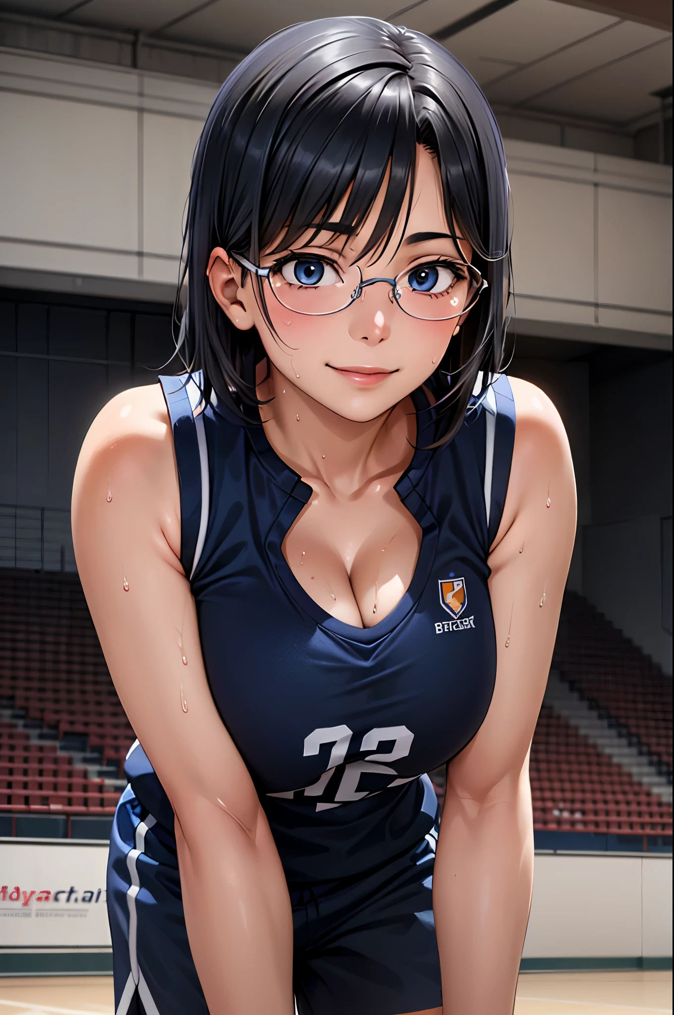 1girl,18yo,perfect hands, perfect finger,perfect anatomy, masterpiece, best quality,realistic, hyperrealistic, 16k hdr,, aamii, short hair, black hair, blue eyes, glasses, (sexy Basket Ball wear,:1.2),indoor,arena,,standing,(sweat:1.2),(happy smile),large breasts,(leaning forward:1.2),cleavage