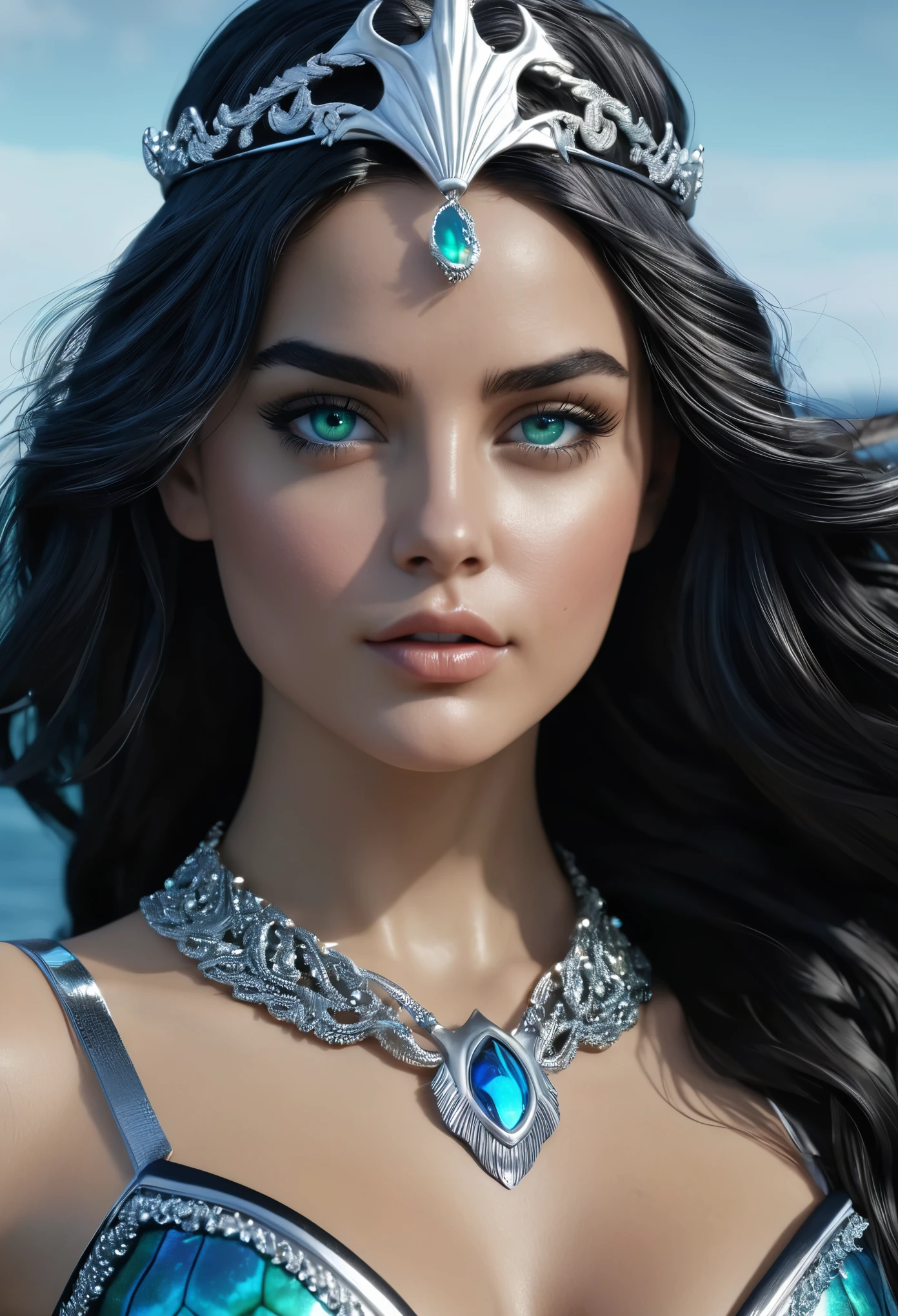(detailed realistic,8k,highres,masterpiece:1.2) (A sexy beautiful female superhero who is a demigoddess , blue green eyes and long dark wavy hair, she wears a silver tiara on forehead , She wears a blue and black outfit with a fish scale like texture sleeveless , she has bracelets that are silver, and has black boots with a glowing blue tint. a silver belt with a sea shell in the center, she holds a trident) (UHD)