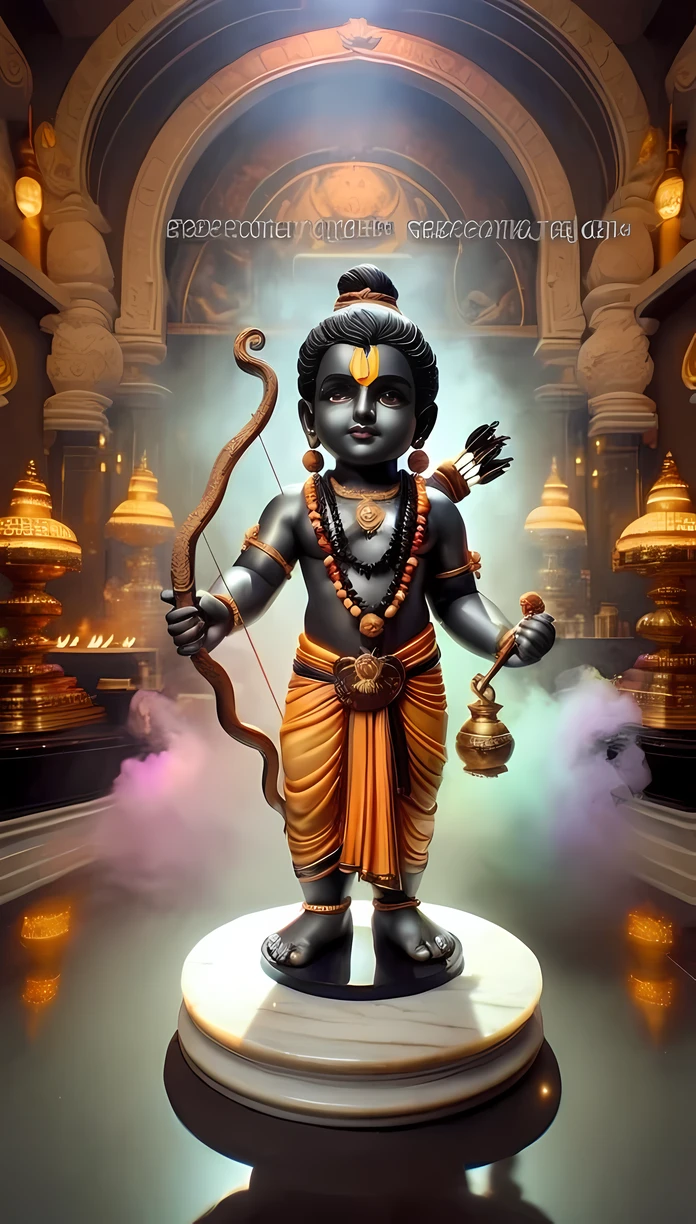 a statue of a hindu god with a bow and arrow, indian god, from ramayan, hindu god, hindu aesthetic, hindu gods, hinduism, ram, profile pic, cybertronic hindu temple, archan nair, hindu art, ancient blacksmith god, indian temple, patron saint of 🛸🌈👩🏾, 3d statue!!!, screensaver, lord ram