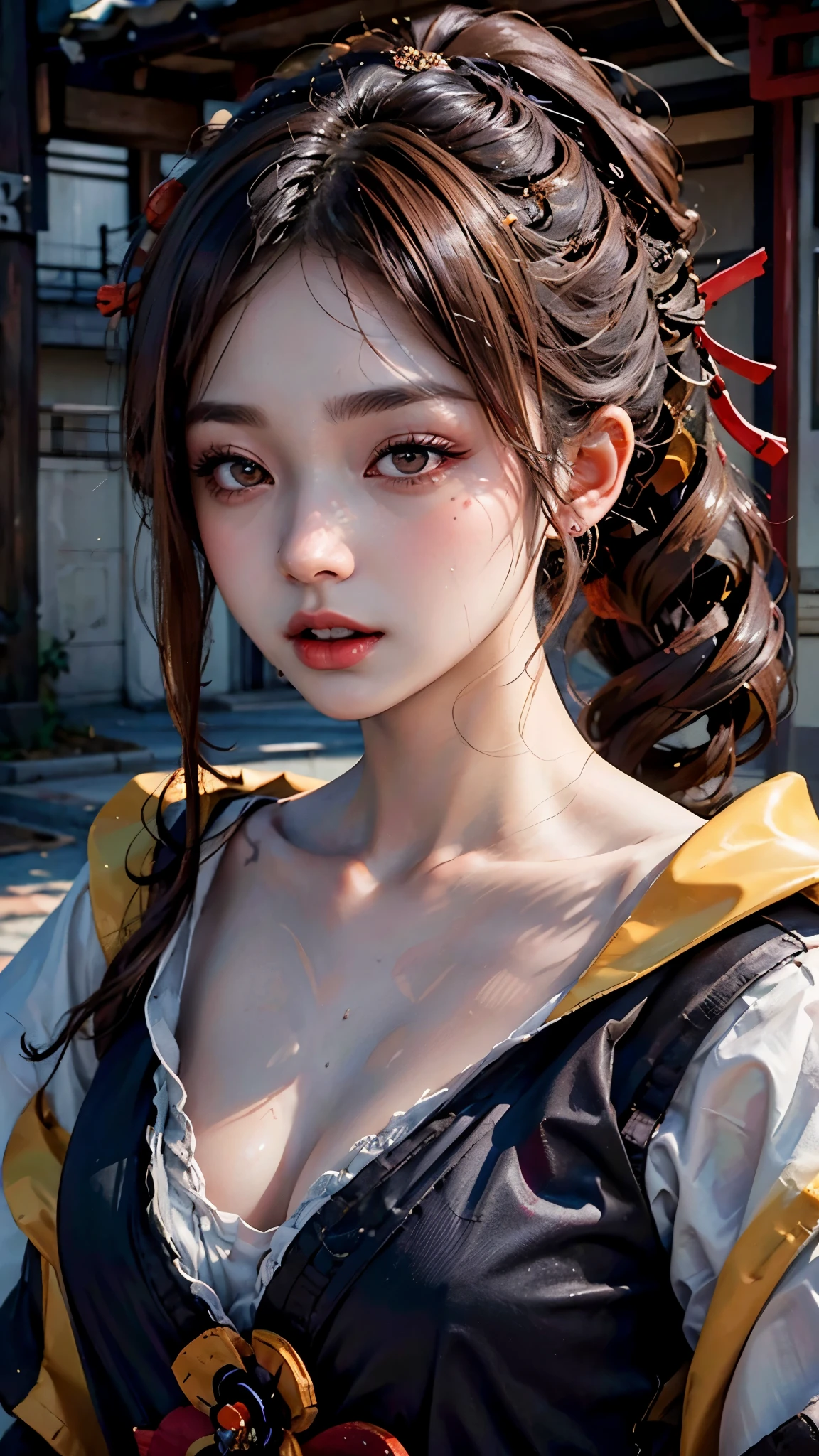 beautiful japanese actress、a girl、Debris flying,Winning photo,Very detailed,clear eyes,Focus on nose and mouth,facial focus,Super close range,Face、Miss's open mouth and closed eyes,Black off-the-shoulder vest,20 year old woman,reddish brown hair,high ponytail,Long curly hair,red headdress,对称的Face,Realistic nostrils,Angle below,Slender C-shaped nostrils,,,,,,,,,,,,,,,,,,,,,,,,,,,,,,,,,,,,,,,,,,,,,,,,,,,,,,,,,。Sweating on the skin、Shiny、skin glowing skin、(keen nose)glowing skin、sweaty hair、sunshine and 39;shiny eyebrows、deep kiss、(thin eyebrows)oily skin、闪闪glowing skin、double eyelids、red eyes,open mouth,Sticking out tongue,tongue moist and shiny、Beautiful girl with foamy wet tongue、There are soap bubbles in the mouth,beauty of japan、medium hair,roll up your eyes,huge