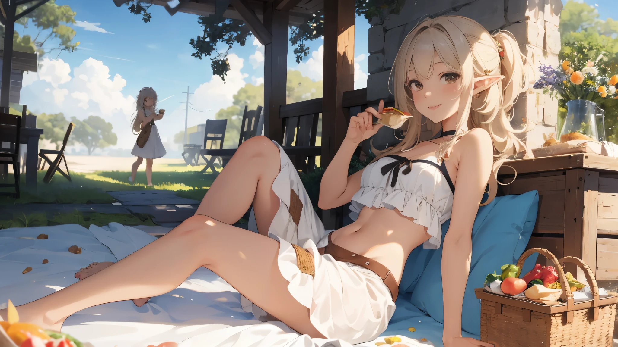 (masterpiece:1.5, best quality:1.5, painting:0.5, grayscale:0.7, absurdres:0.95), 1girl, midriff, navel, curly blonde hair, messy hair, brown eyes, elf, (casual white dress), (suntanned), alluring, legs crossed, sitting on a blanket, picnic, park, trees, food, scenery, warm smile, They say in Heaven, love comes first