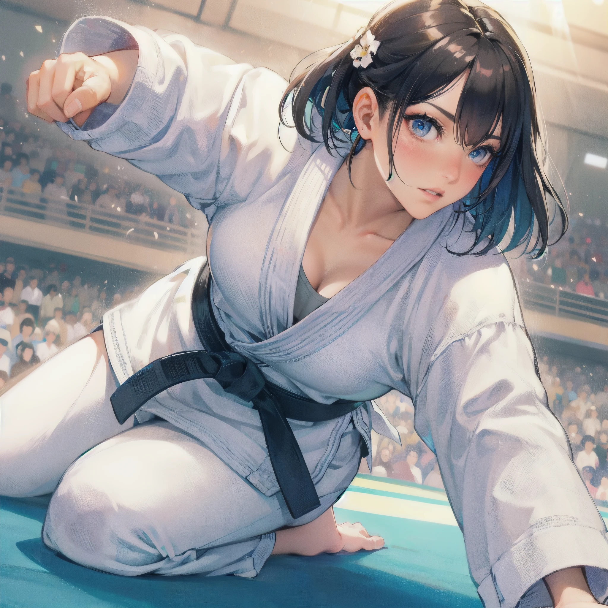 high quality,HD,16k,sharp lines,1 girl,Female judo athlete ,cute face, large breasts, nice legs,At the judo venue,focus girl,detailed beautiful face,detailed clothes,beautiful eyes,cool,dynamic angle