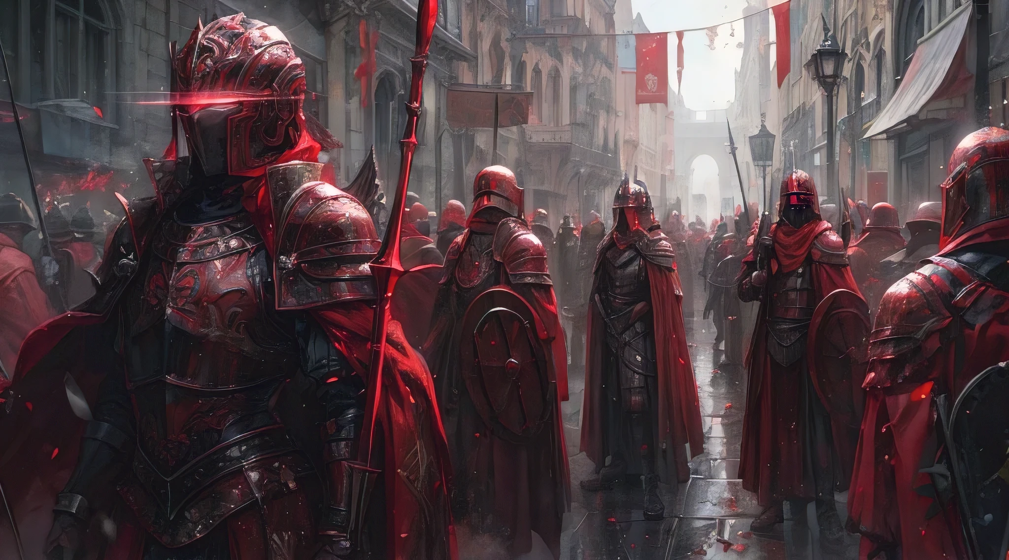 (masterpiece, best quality:1.2), A group of red Warlock robots adorned with Greek centurion armor, electric spear and hoplite shield,corinthian helmet, in the middle street of an old town, gothic architecture buildings, a misty atmosphere, red eyes glowing, in the style of Craig Mullins and Greg Rutkowski