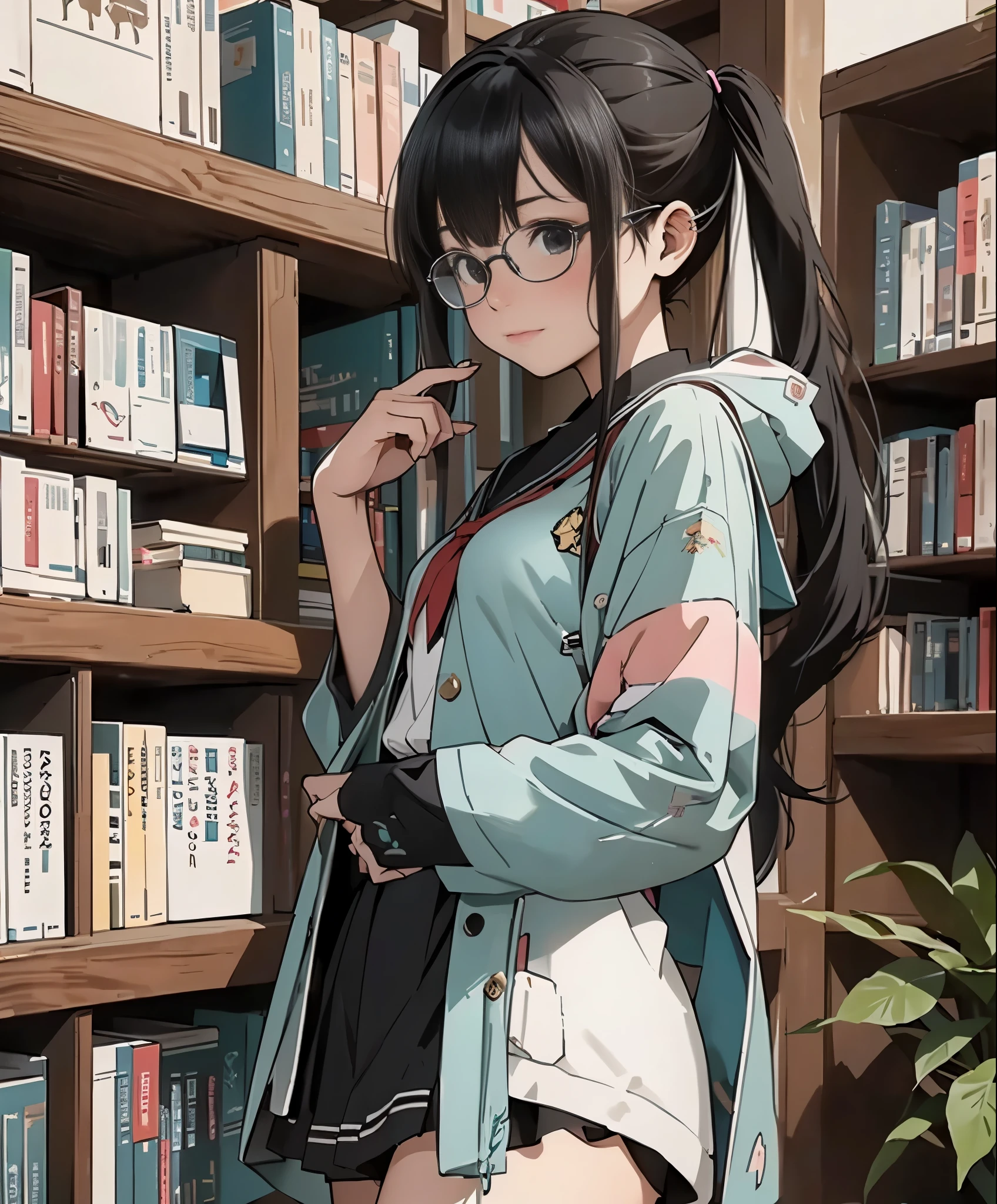 (masterpiece、highest quality、highest quality、official art、beautiful beautiful:1.2)、(1 girl:1.3)Hatsune Miku、twin tails,big breasts,(Portrait of a female college student wearing round glasses, wearing a blouse, have a book, standing in a library with bookshelves, window, dictionary, encyclopedia, and potted plants, It feels scientific)