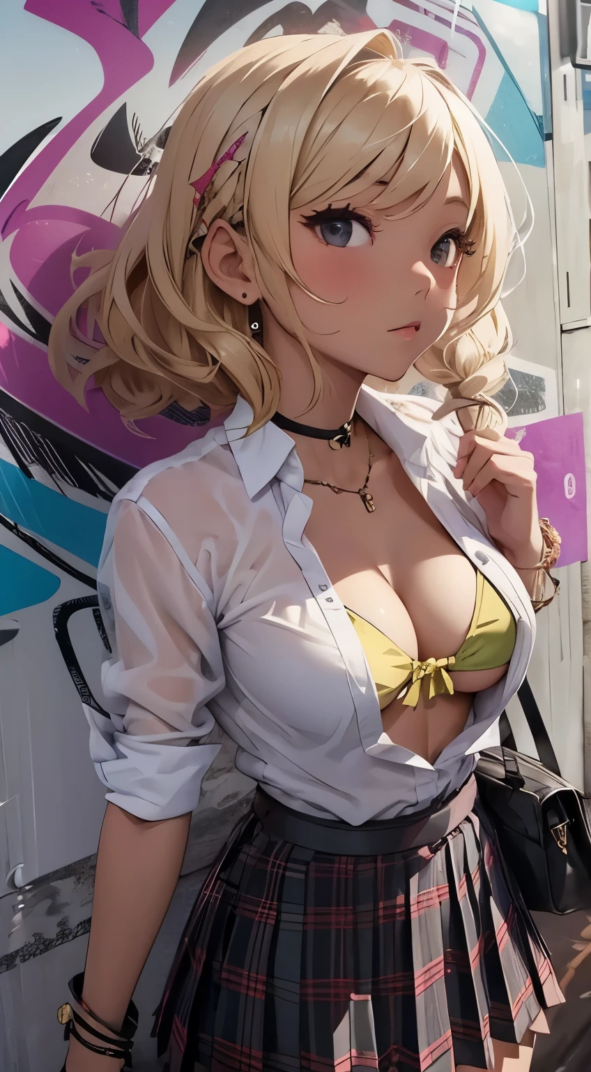 plaid pleated skirt、tanned black skin、white formal shirt、colorful micro bikini、blonde