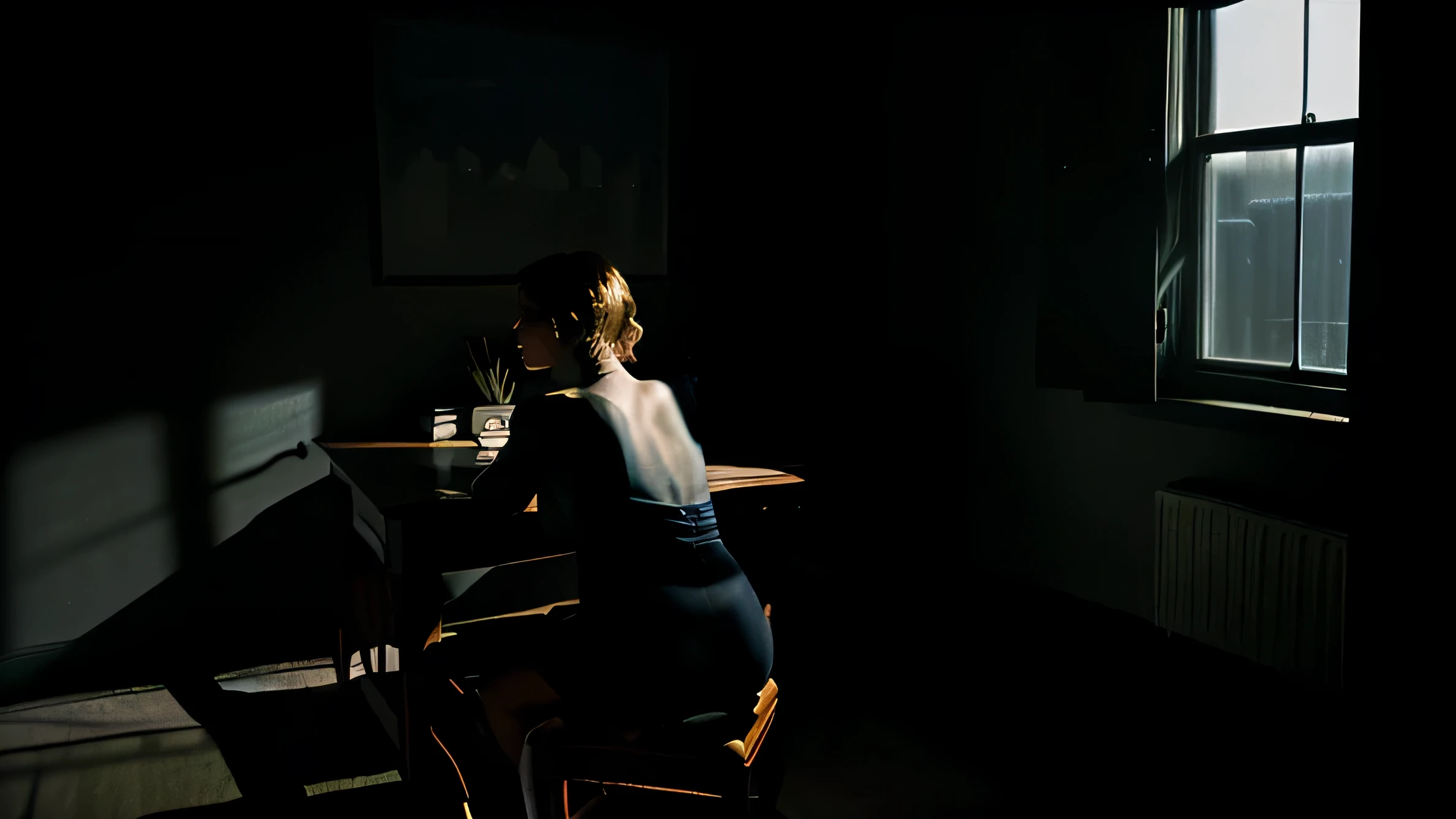 edward hopper style, very large dark room at night, light streaming through the window, beautiful woman sitting at a desk in the corner of a very large room