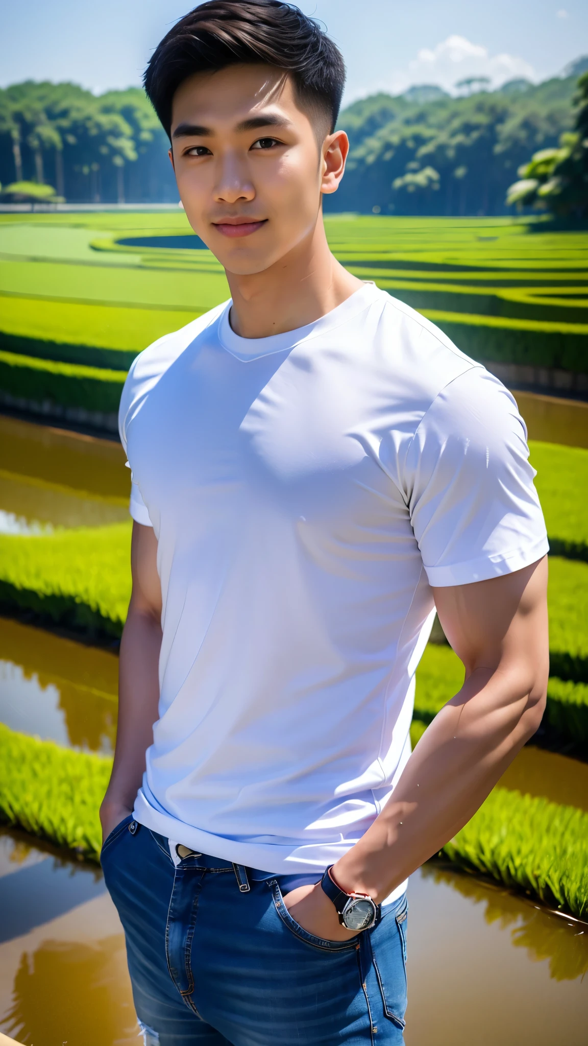 1 man, smile, (Wear a white round neck shirt., short sleeve shirt ยี่ห้อ under armor), Jeans, Korean guy , korean men, (Lifelike lighting), chest muscles, Big arm muscles, blood vessel, big muscles, Broad shoulders, looking at the audience, Balancing the eyeake eye contact), (rice paddies), (ทุ่งrice paddies) , sit in the shade 