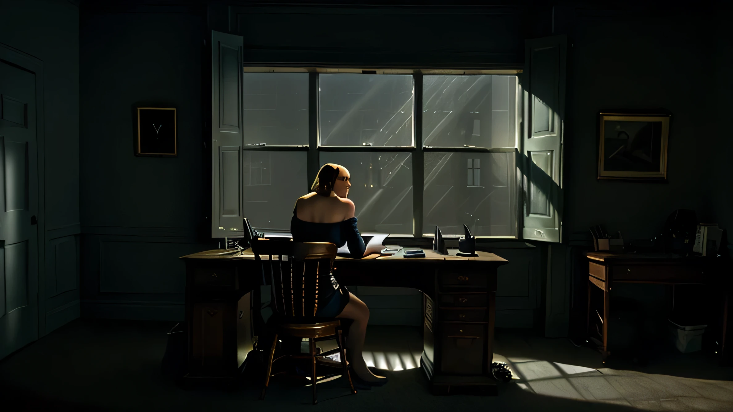 edward hopper style, very large dark room at night, light streaming through the window, beautiful woman sitting at a desk in the corner of a very large room