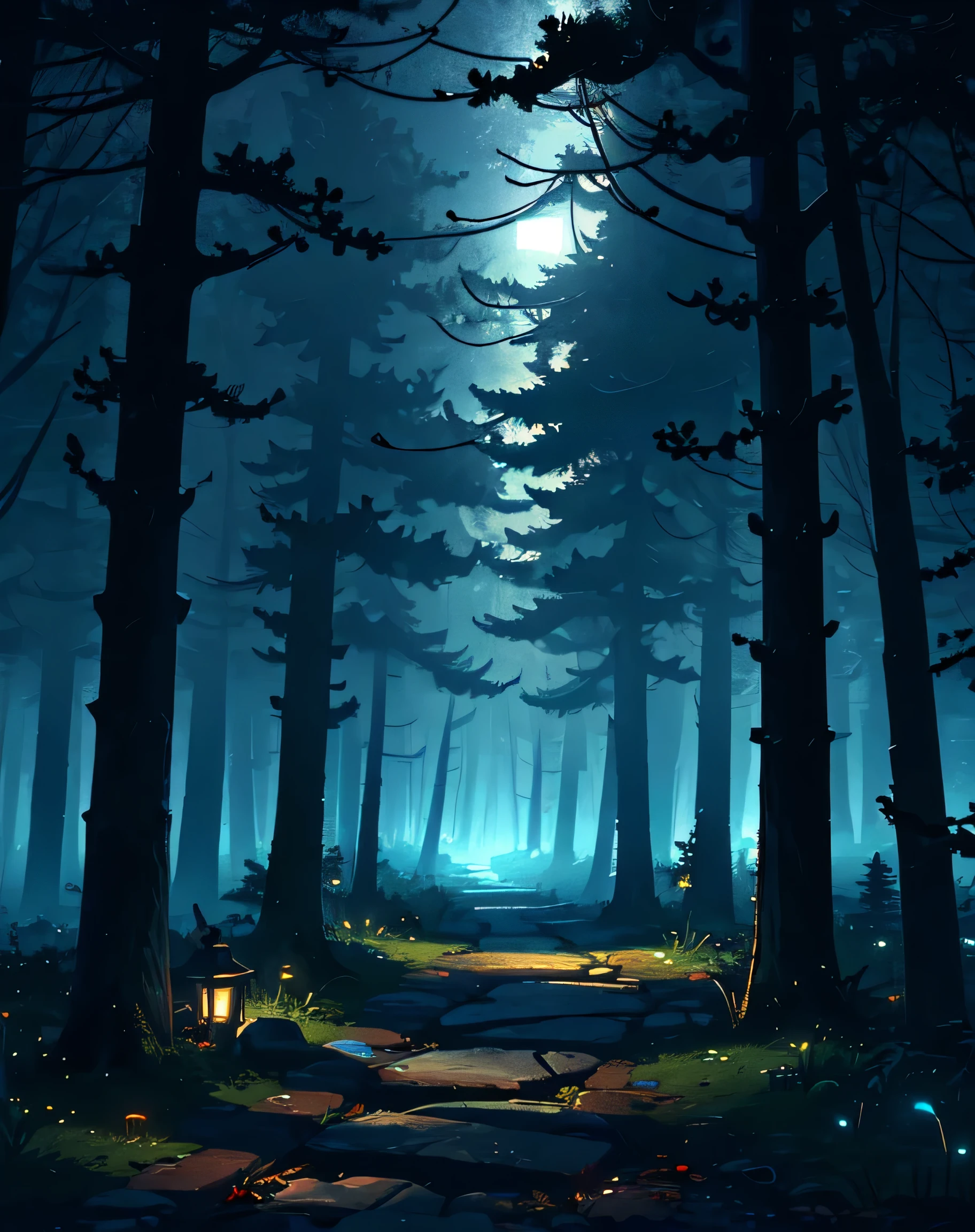 lonely path, darkness, edge of deep forest, lantern, foggy night, (masterpiece, best quality: 1.2)