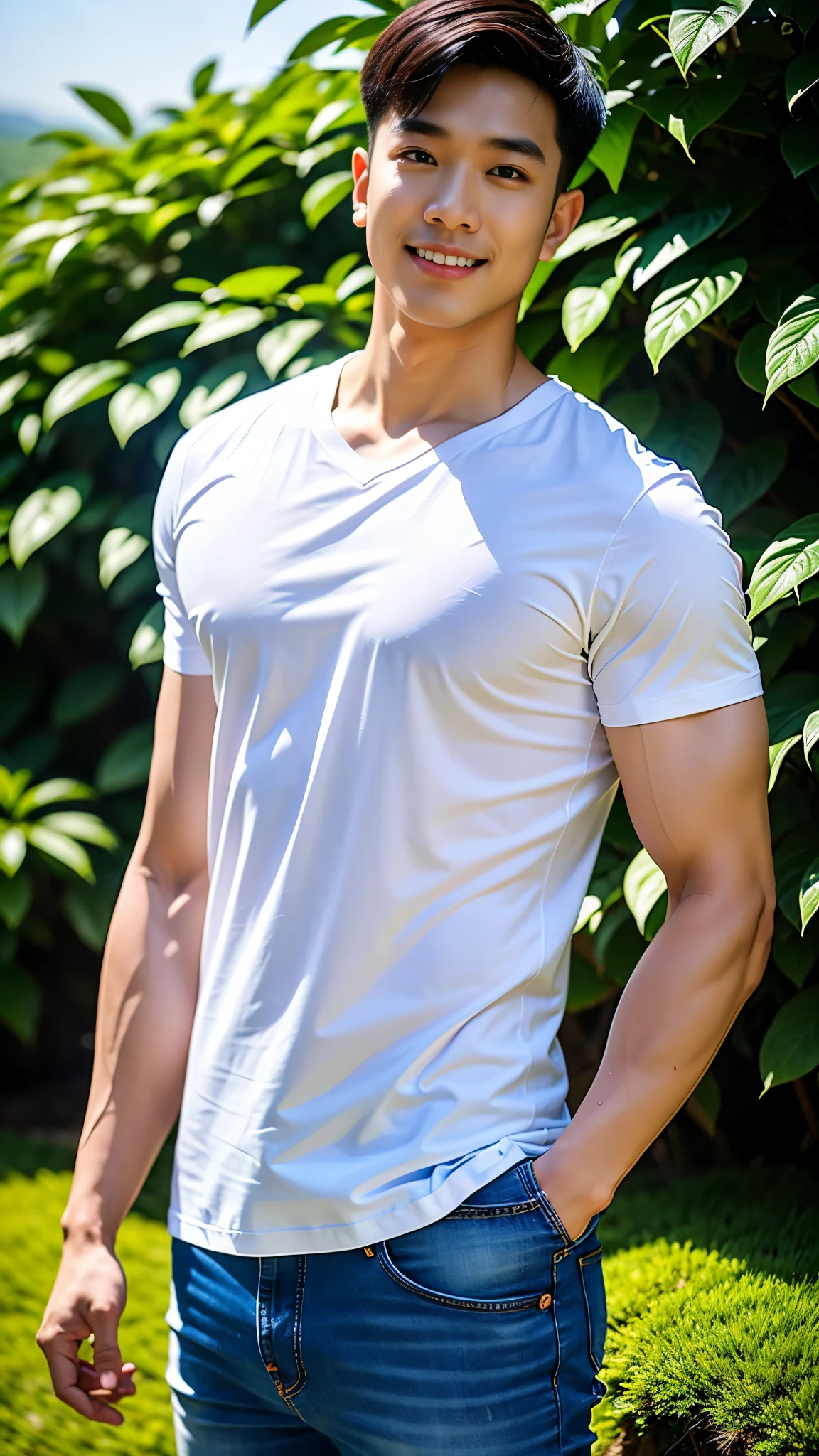 A handsome, muscular young Asian man looks at the camera. In a simple t-shirt white and red , Fieldside, grass, beach, sunlight, Carrying a camera