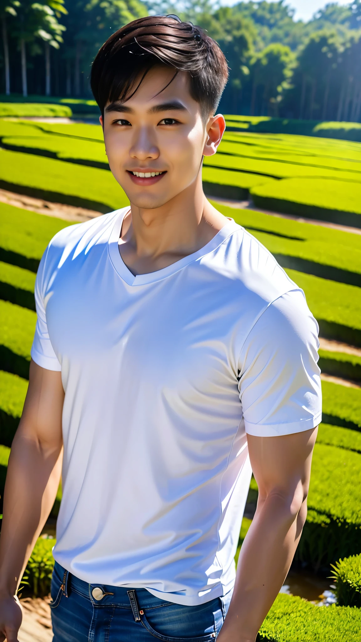 1 man, smile, (Wear a white round neck shirt., short sleeve shirt ยี่ห้อ under armor), Jeans, Korean guy , korean men, (Lifelike lighting), chest muscles, Big arm muscles, blood vessel, big muscles, Broad shoulders, looking at the audience, Balancing the eyeake eye contact), (rice paddies), (ทุ่งrice paddies) , sit in the shade 