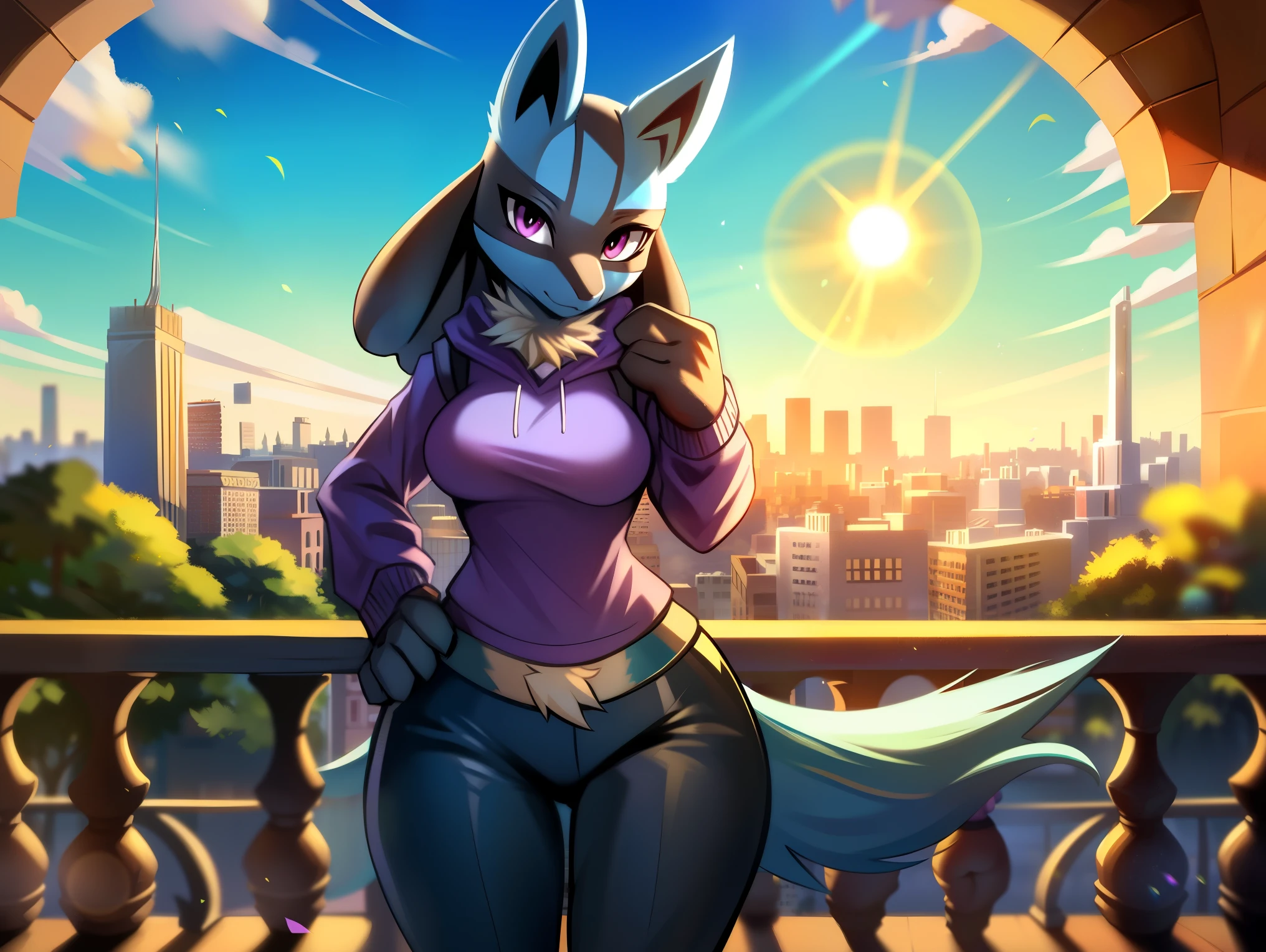 ((lucario)), ((solo)) wolf, blue fur, spikes, breasts, purple hoodie, black pants, looking at viewer, potted plants, decorations, standing, up close, on balcony, city view, blue sky, sun, sunny day, lens flare, Very good figure, cinematic lighting, volume lighting, masterpiece, best quality