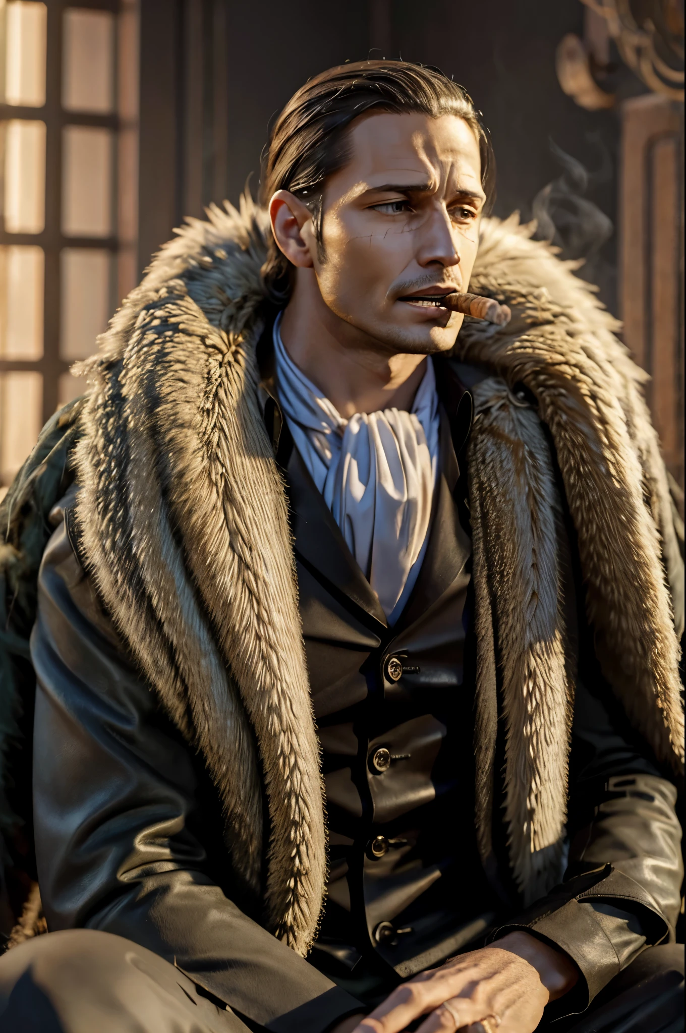 masterpiece, best quality, extremely detailed, hyperrealistic, photorealistic, a cool 40s man, ultra detailed face:1.1, fur-trimmed coat, scarf around the neck, sitting, smoking, cigar
