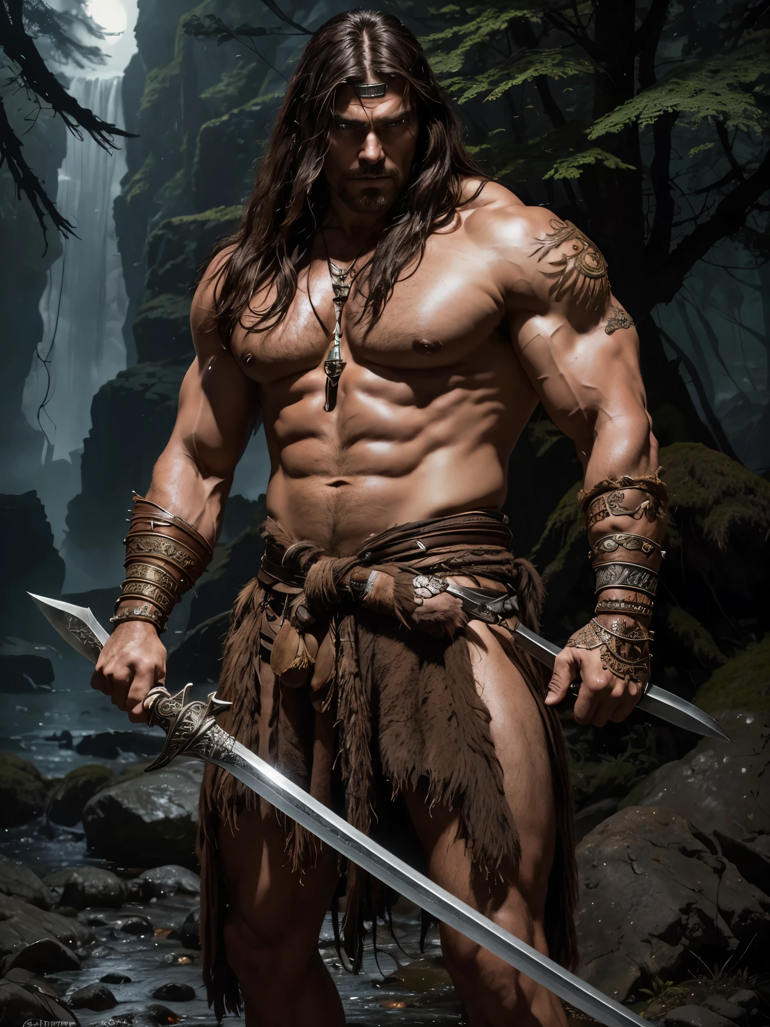 epic fantasy art, super fine illustration, High resolution, Super detailed, masterpiece, 1 male, barbarian, Conan the Barbarian, alone, adult, mature, tall and muscular man, broad shoulders, (((good looking:1.5))), long messy hair, black hair, ((beautiful detailed brown eyes:1.5)), square jaw, thick neck, thick eyebrows, the night view of dark forest background, loincloth, obi sword belt, animal fang necklace, iron circlet, holding sword, fighting pose,