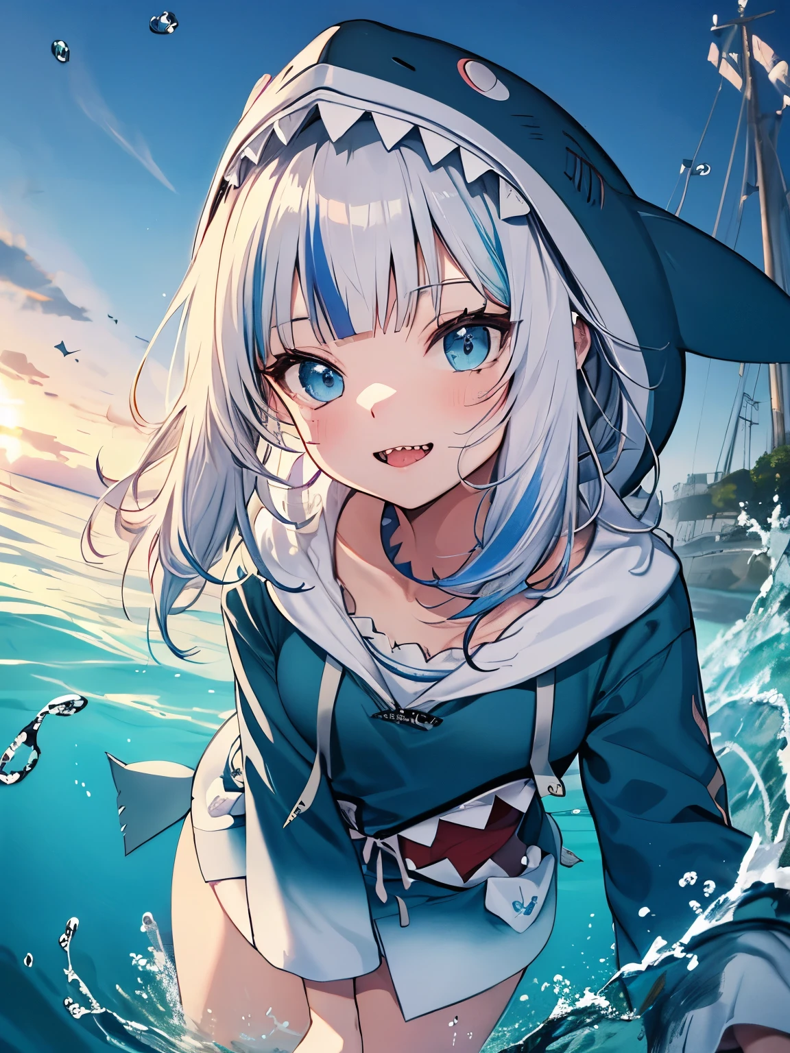 highest quality,wonderful,masterpiece,delicate,ultra high resolution,Super detailed,intricate details,beautiful,8K resolution,(Highly detailed CG Unity 8k wallpaper),sharp focus、anime、fiction、vivid hair、Shaggy hair、messy hair、vivid skin、Glossy skin、、lolita、short、young、kawaii、beautiful瞳、smile、gawr gura、sharp teeth, shark tail、blue hoodie, shark hood、Are standing、Ocean、underwater world、whole body in water、Beautiful coral reef、I can see the whole body、