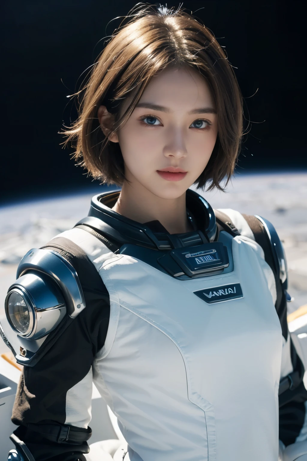 highest quality、masterpiece、ultra high resolution、(real:1.4)、Beautiful woman１、Beautiful details of eyes and skin、light brown short cut hair、small smile、perfect space suit、spaceship、macrocosm、Remains、blue sky、