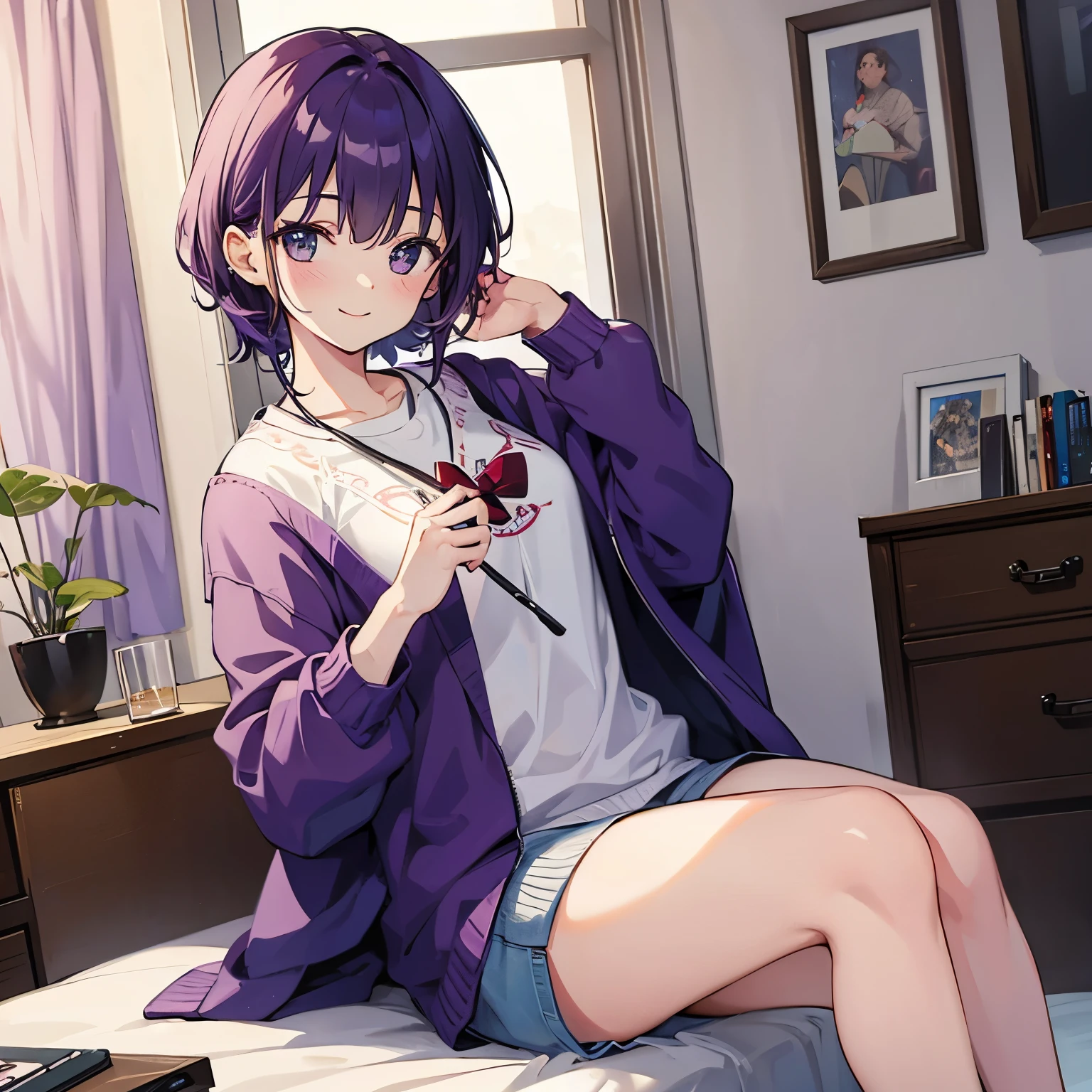 (T Masterpiece,4k wallpaper,best quality))、((girl1people))、(solo)、Shining and vivid,(purple hair)、(shortcut:1.3)、smile、Bedroom、sweater、morning