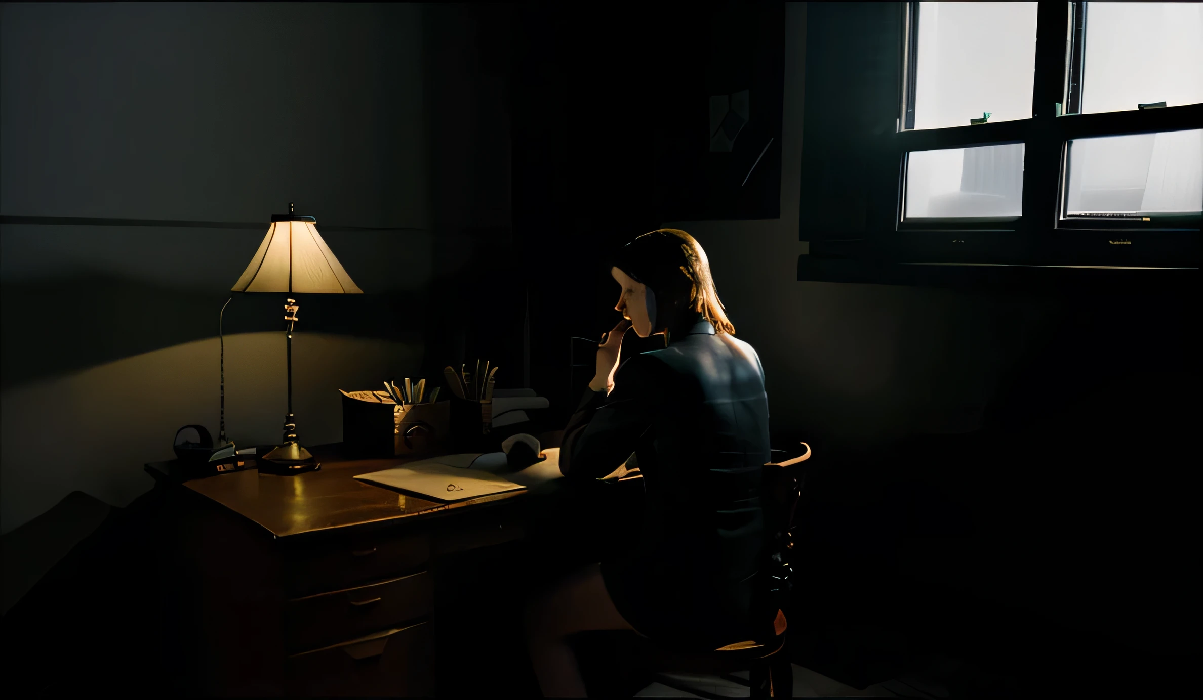 edward hopper style, very large dark room at night, light streaming through the window, woman sitting at a desk in the corner of a very large room