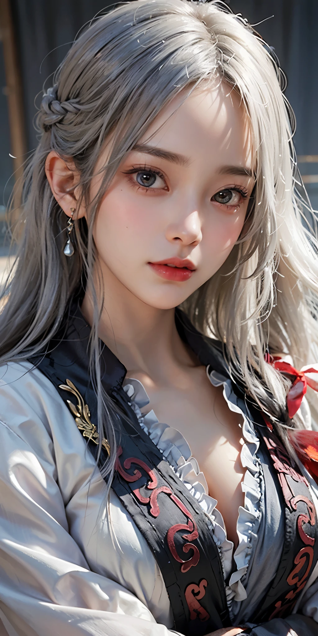 lifelike, high resolution, soft light,1 female, alone, Buttocks up, look at the audience, (Detailed face), long hair, silver hair, Bright Eyes, kungfu hanfu, Cloak, jewelry, huge breasts, saggy breasts