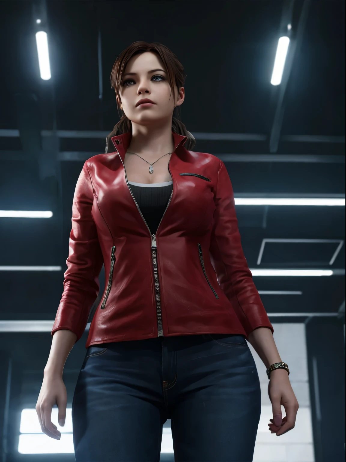 Claire Redfield, {{master part, best quality, CG extremamente detalhado, Unity 8k papel de parede, Cinematic lighting}}, 1girl, Mulher nova, corpo inteiro, dia ensolarado, belos olhos detalhados, (seios grandes, clivagem), Bunda redonda, looking up at the audience, long eyelashes