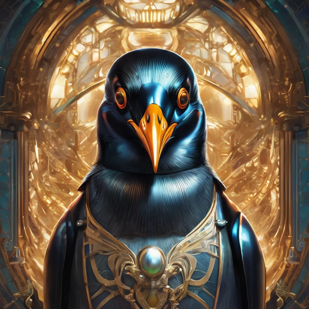 Symmetry, aesthetic, extremely detailed, symmetrical, Symmetry portrait of penguin from bioshock, vintage, sci-fi, tech wear, glowing lights intricate, elegant, highly detailed, digital painting, artstation, concept art, smooth, sharp focus, illustration, art by artgerm and greg rutkowski and alphonse mucha