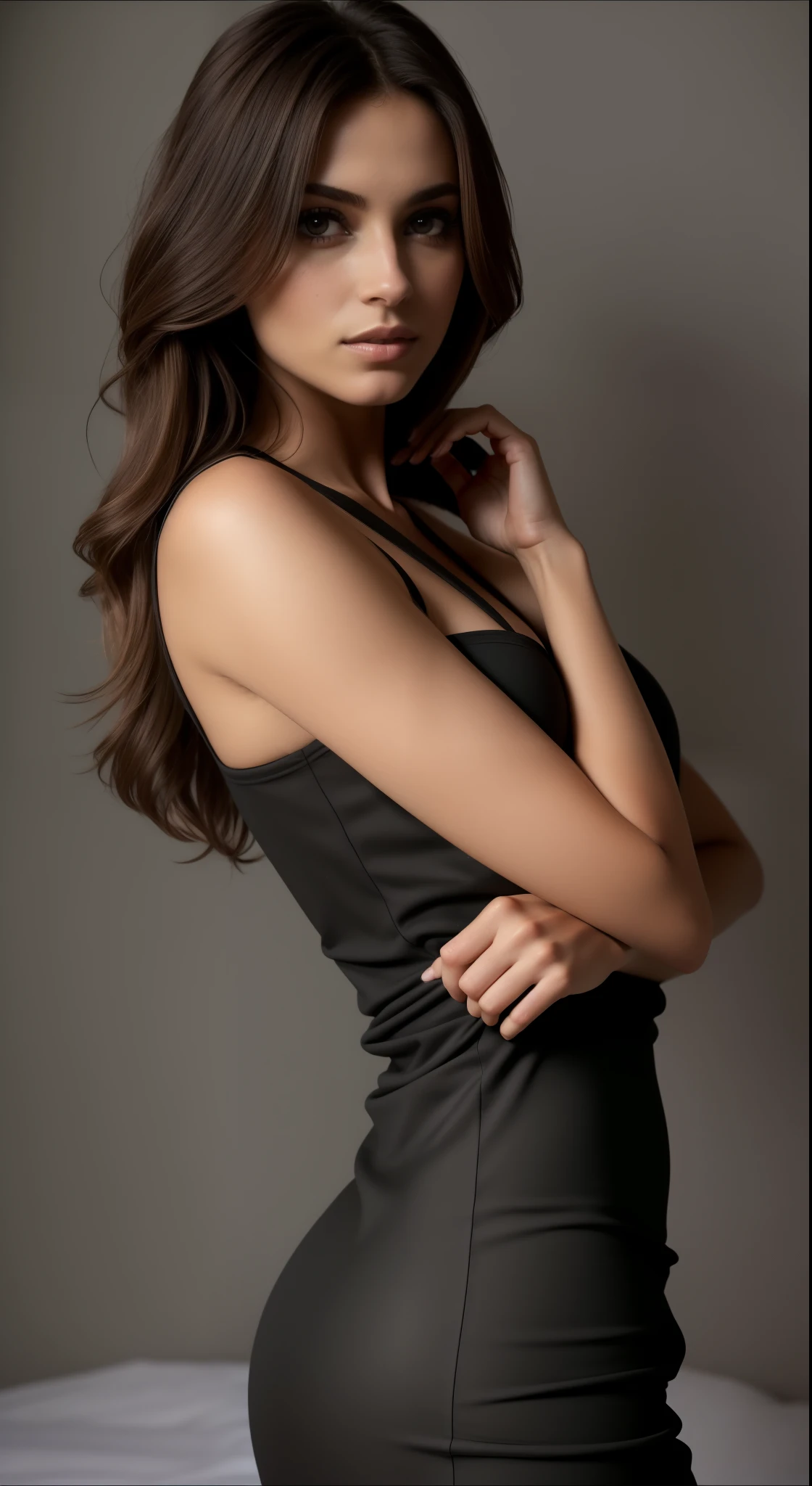 um close de uma mulher de vestido posando para uma foto, foto de modelo de garota magra, 2 4 year old modelo feminino, fotografia de modelagem, modelo de mulher, modelo posando, solo photoshoot, skinny arms, pose lateral, pose casual, modeling session, modelo feminino, photoshoot, Linda modelo