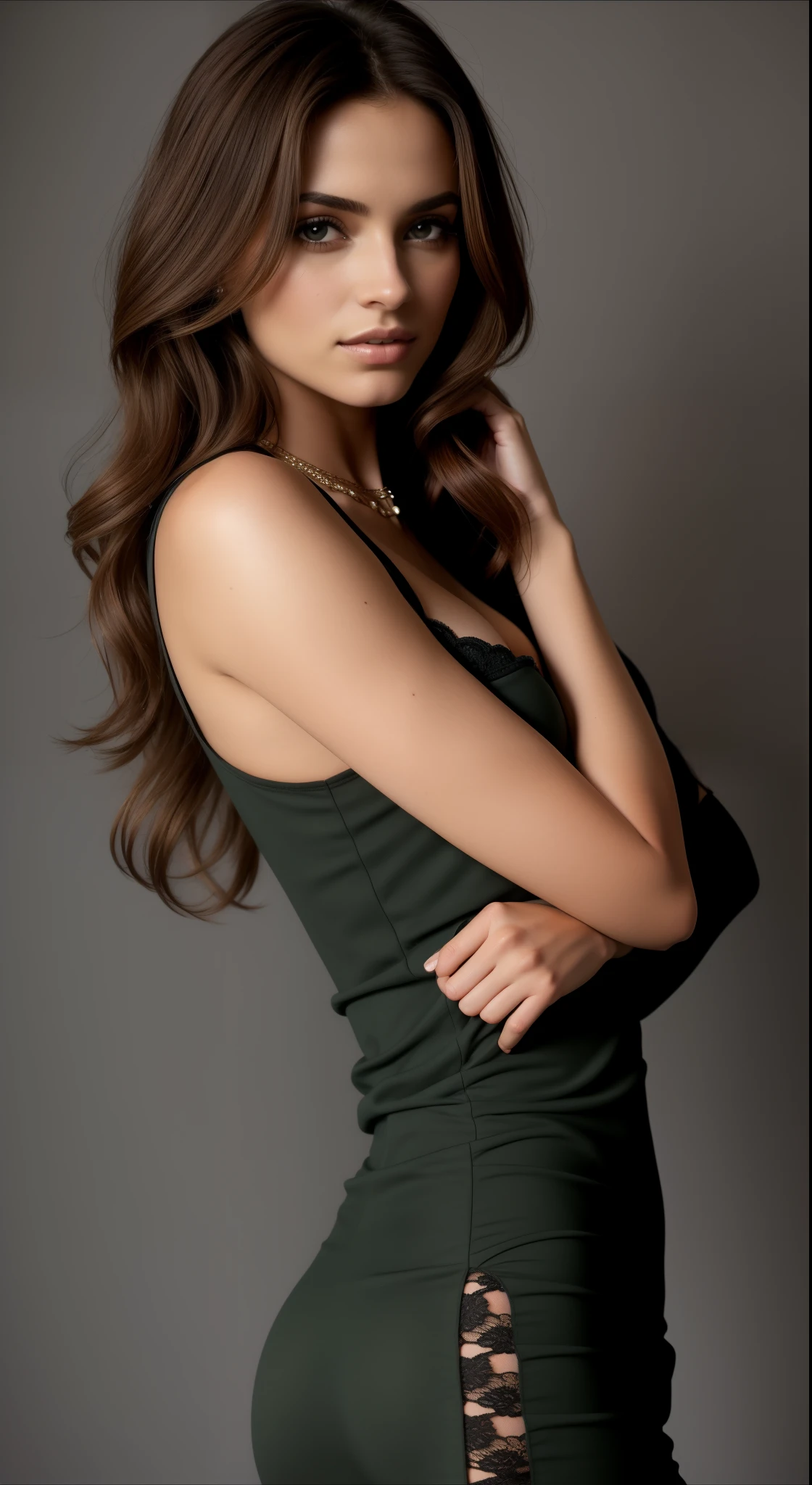 um close de uma mulher de vestido posando para uma foto, foto de modelo de garota magra, 2 4 year old modelo feminino, fotografia de modelagem, modelo de mulher, modelo posando, solo photoshoot, skinny arms, pose lateral, pose casual, modeling session, modelo feminino, photoshoot, Linda modelo