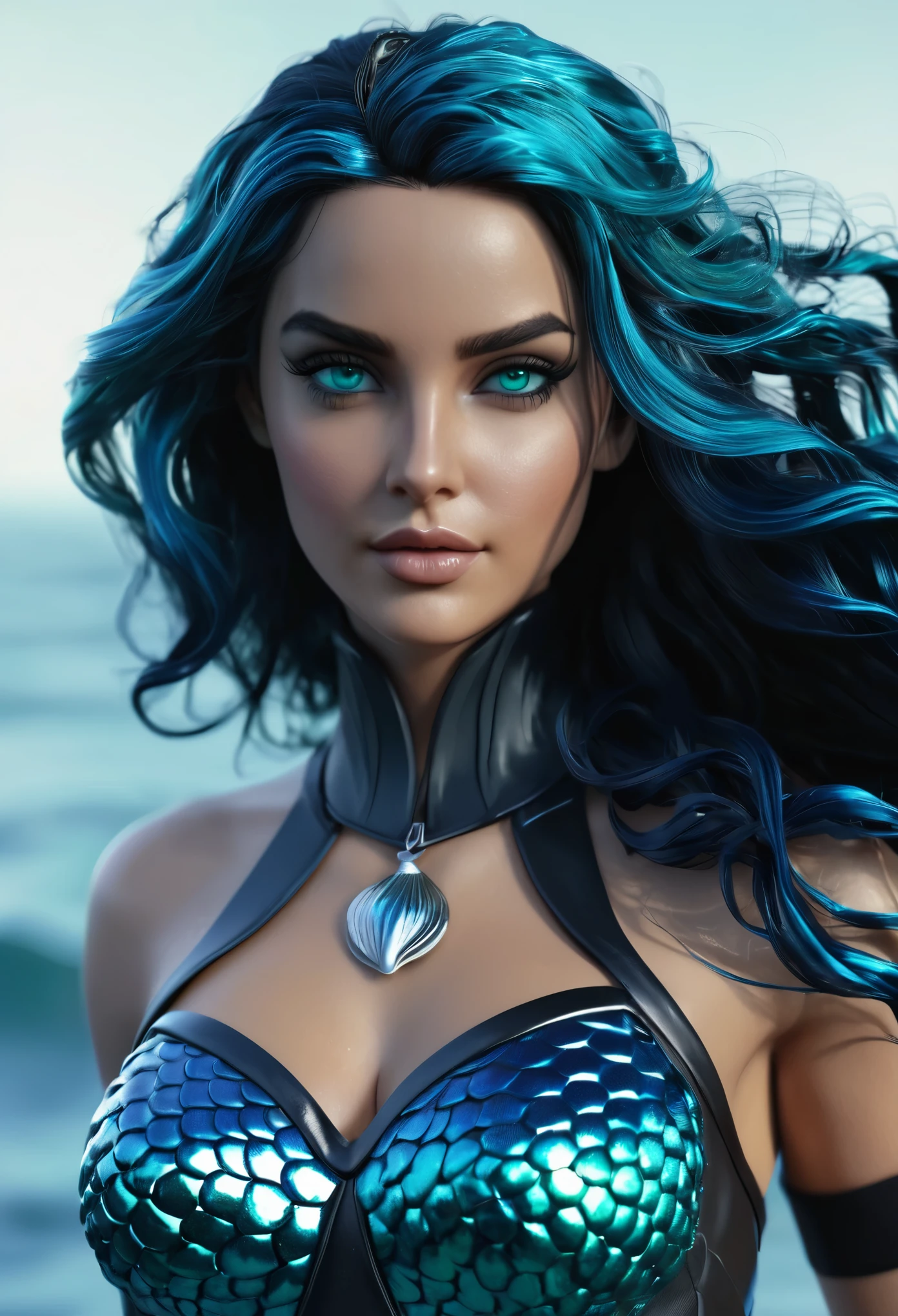 (detailed realistic,8k,highres,masterpiece:1.2) (A sexy beautiful female superhero who is a demigoddess , blue green eyes and long dark blue wavy hair, She wears a blue and black outfit with a fish scale like texture sleeveless , she has bracelets that are silver, and has black boots with a glowing blue tint. a silver belt with a sea shell in the center, she holds a trident) (UHD)