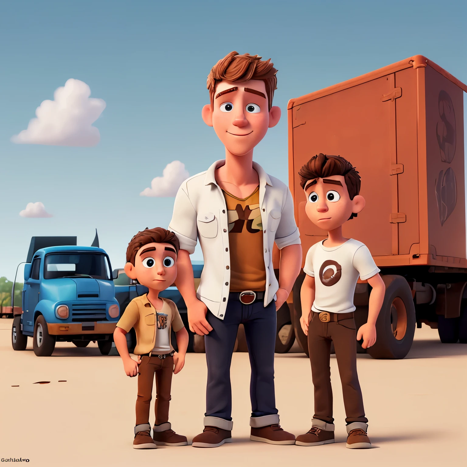 Describes a white man, bajito, gordo y calvo, with a brown busto and a jean, that the man is standing in front of a big truck