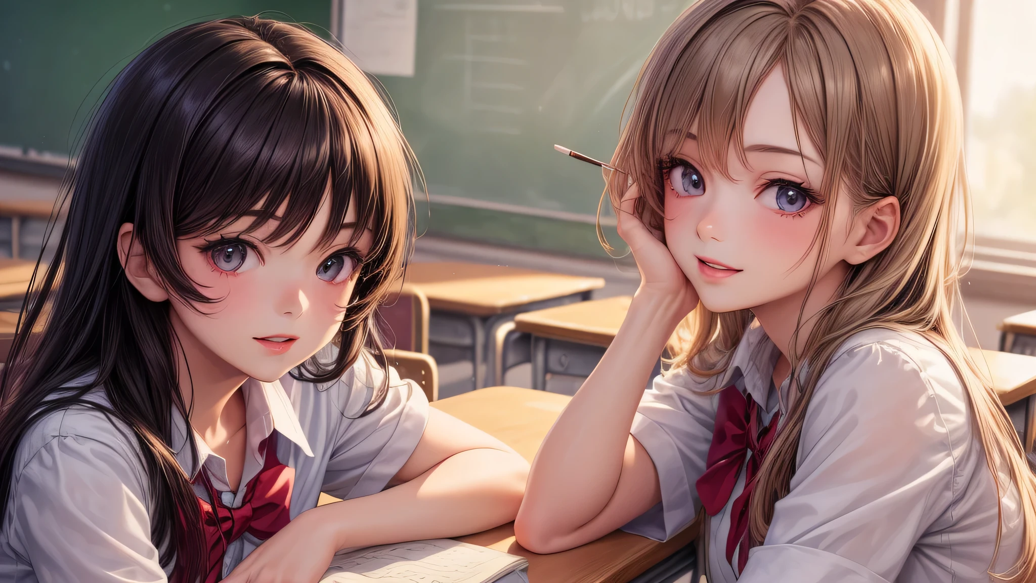 (2 girls:1.2), incredibly beautiful face, enchanting smile, (school uniform, mini skirt:1.2), (highest quality: 1.4), (Super detailed), (highest quality:1.4), (super detailed), evening, very high resolution, (Upper body), close up face, (School, classroom), School anime, anime illustration,