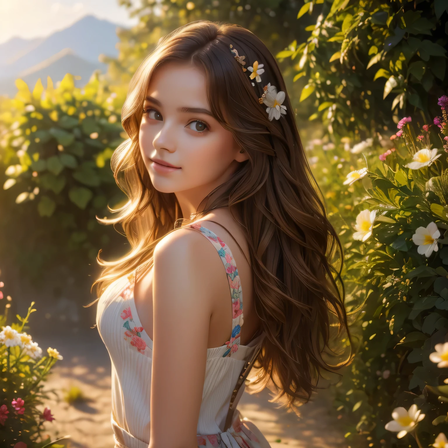 (Masterpiece, Best quality), 1girll, Wavy hair, view the viewer,Upper body, Suspenders, Estampados florales, light brown hair , Sunlight ,scenery,