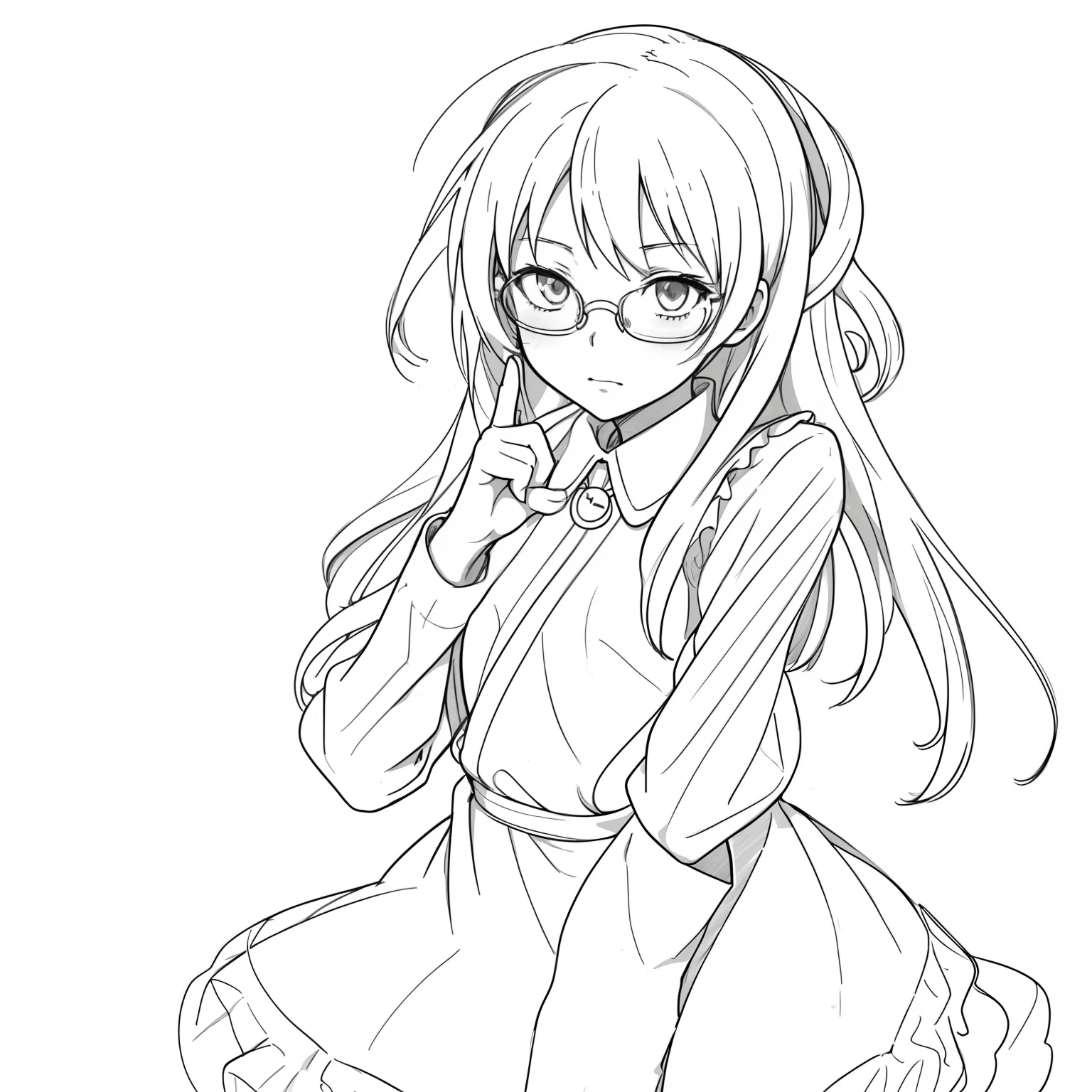 A picture of a girl wearing glasses and a dress, anime sketch,  in a dress, beautiful anime outline, line sketch!!, anime moe art style, with your index finger, do pubic poses, small curve , anime shading), anime pose, anime style drawing, anime picture, line sketch, manga drawings, flat anime style shading