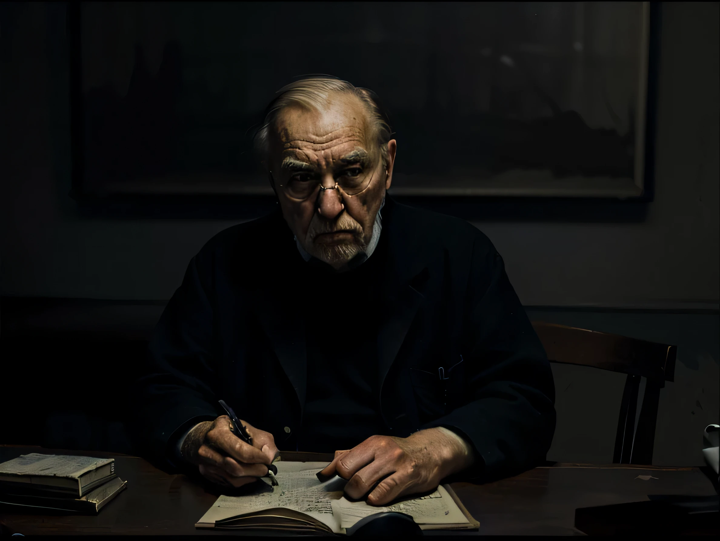 edward hopper style, old man sitting at a desk in a very large dark room at night